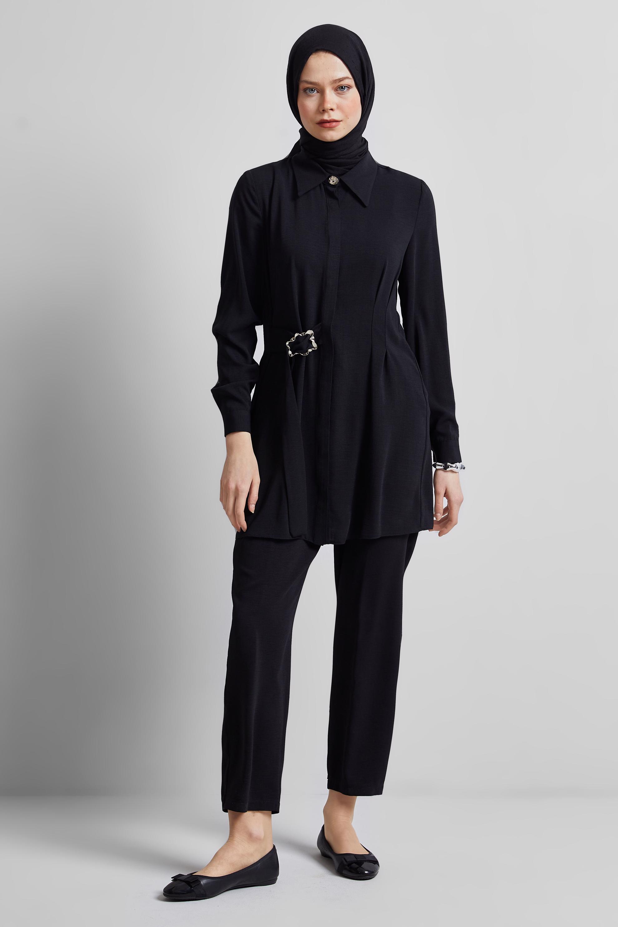 Tesettür giyim SİYAH GÖMLEK YAKA PANTOLONLU TAKIM 45348