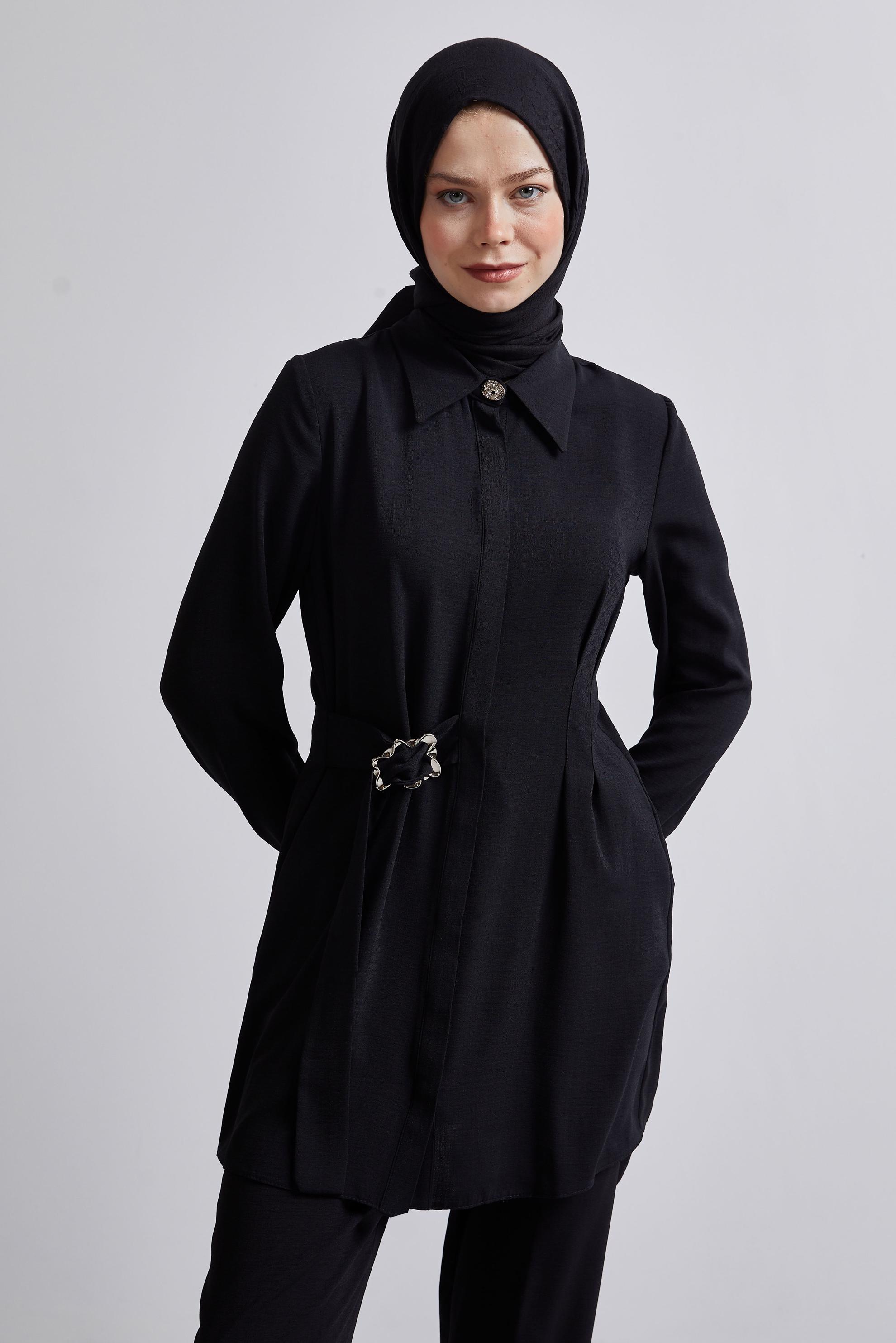 Tesettür giyim SİYAH GÖMLEK YAKA PANTOLONLU TAKIM 45348
