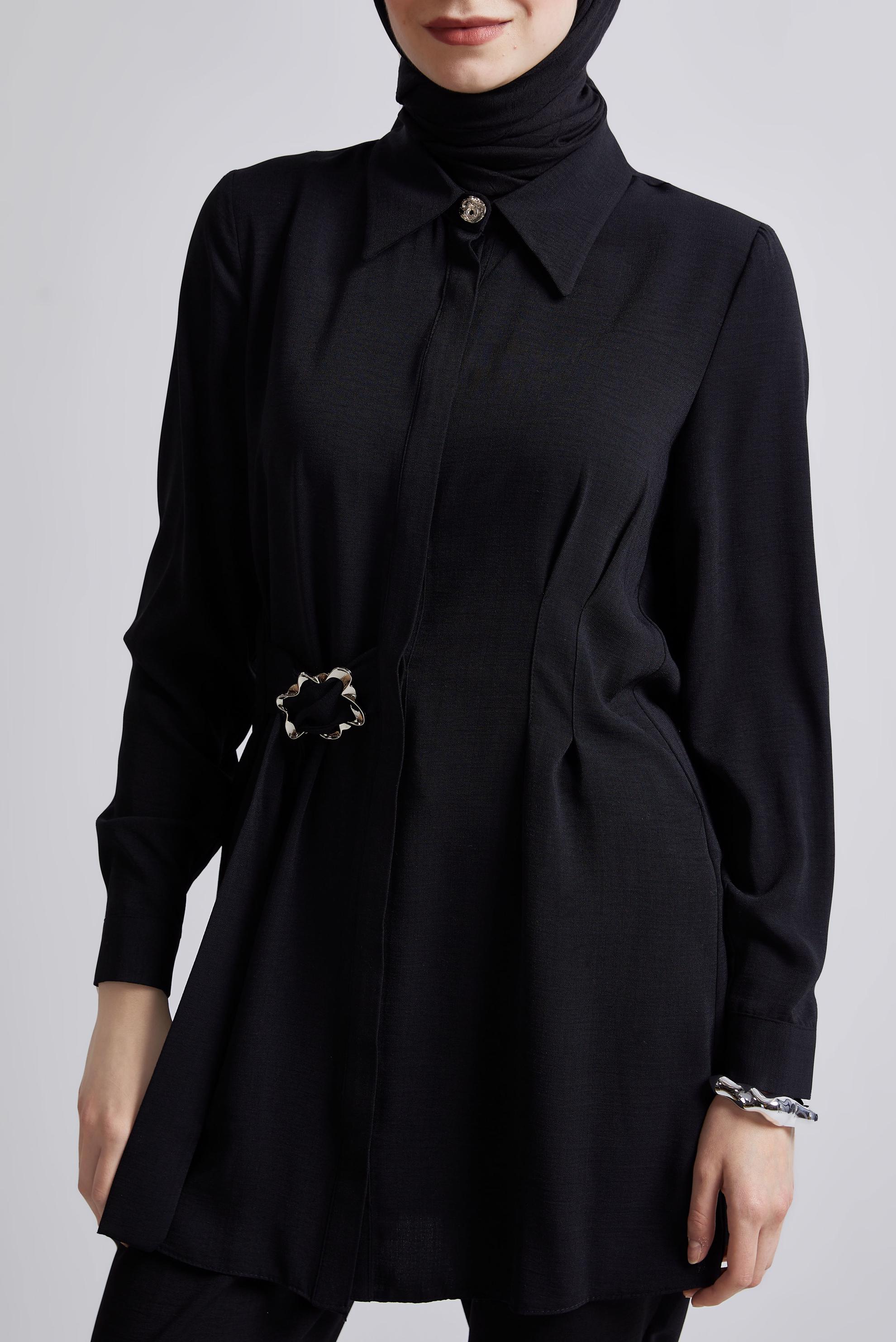 Tesettür giyim SİYAH GÖMLEK YAKA PANTOLONLU TAKIM 45348