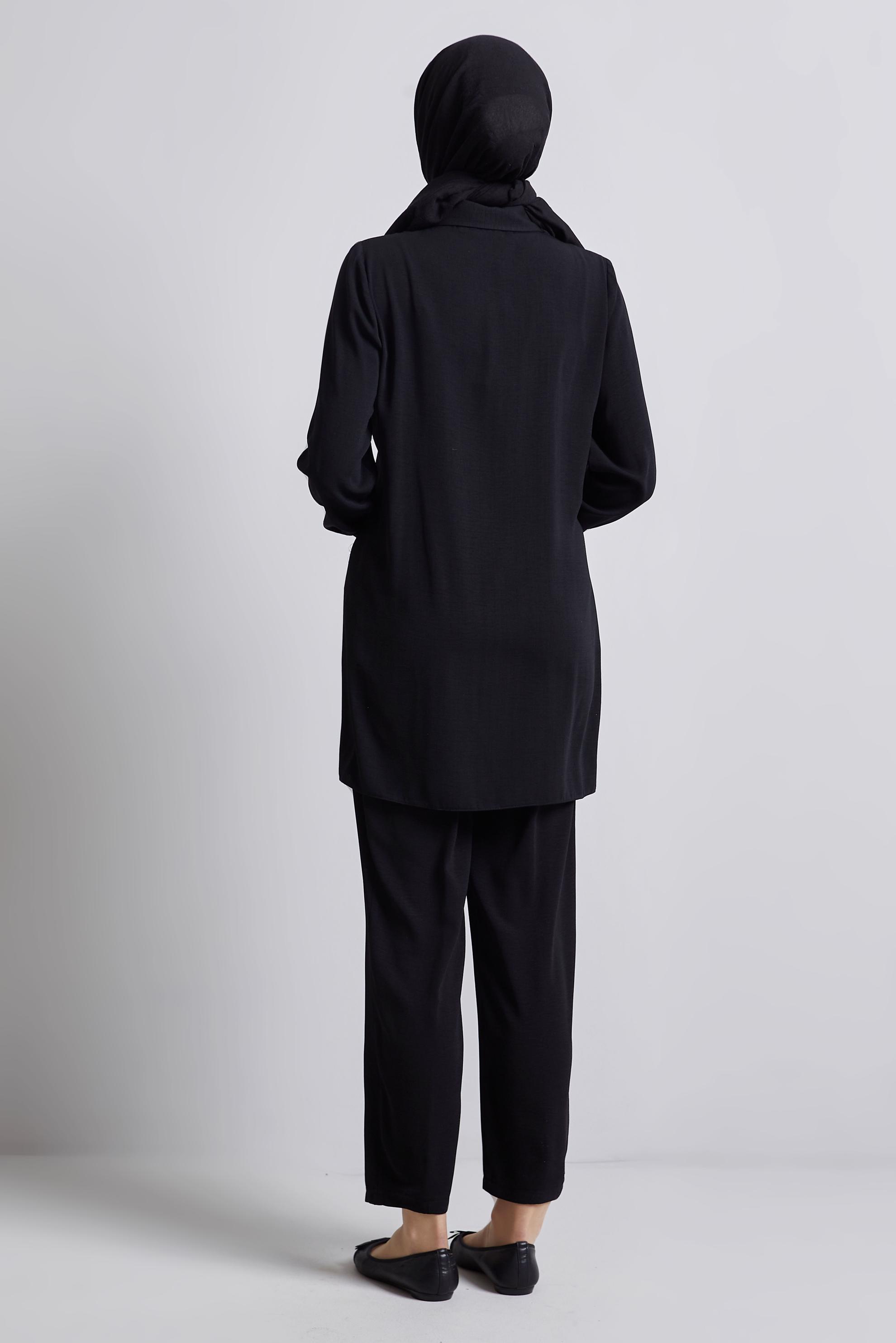 Tesettür giyim SİYAH GÖMLEK YAKA PANTOLONLU TAKIM 45348