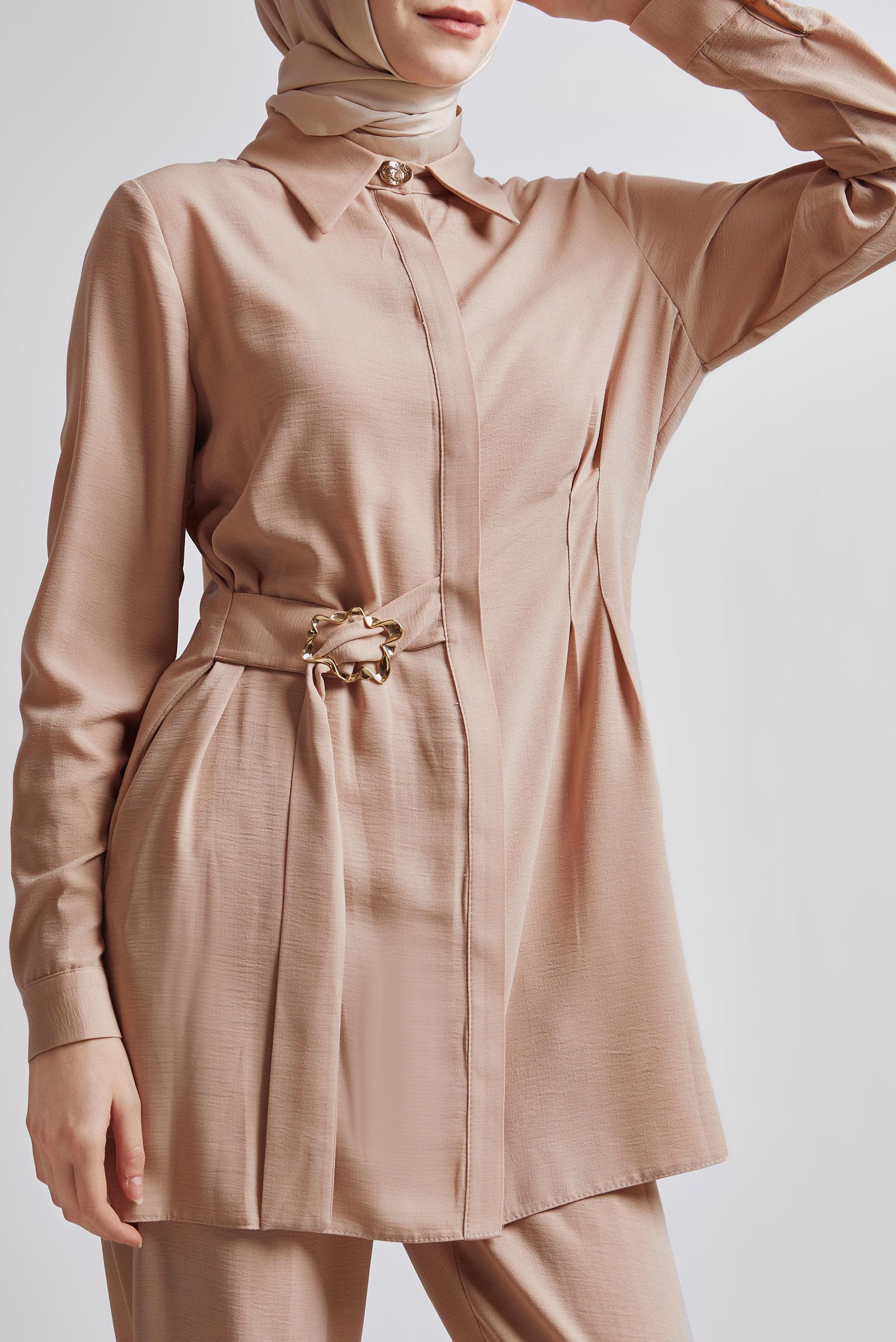 Tesettür giyim BEJ GÖMLEK YAKA PANTOLONLU TAKIM 45348