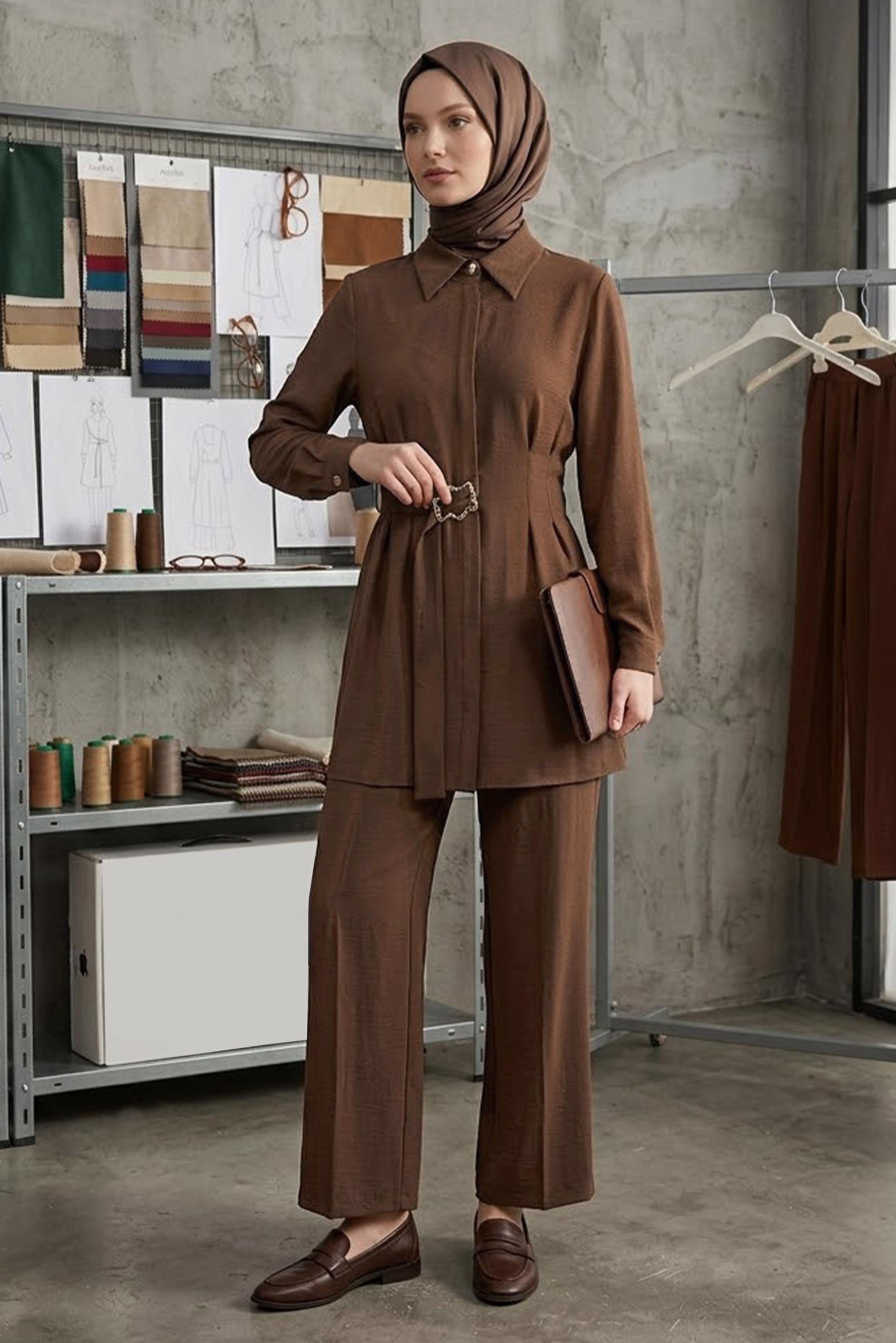Hijab clothing BROWN SHIRT COLLAR PANTS SUIT 45348