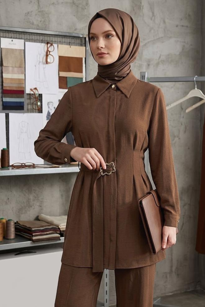 Hijab clothing BROWN SHIRT COLLAR PANTS SUIT 45348 - ALVİNA