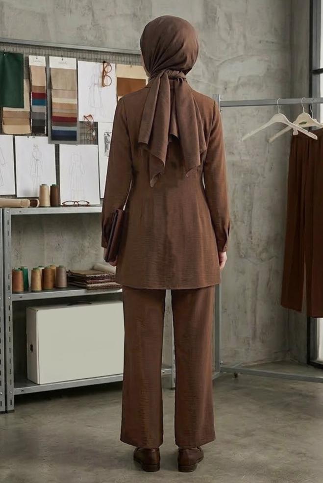 Hijab clothing BROWN SHIRT COLLAR PANTS SUIT 45348 - ALVİNA