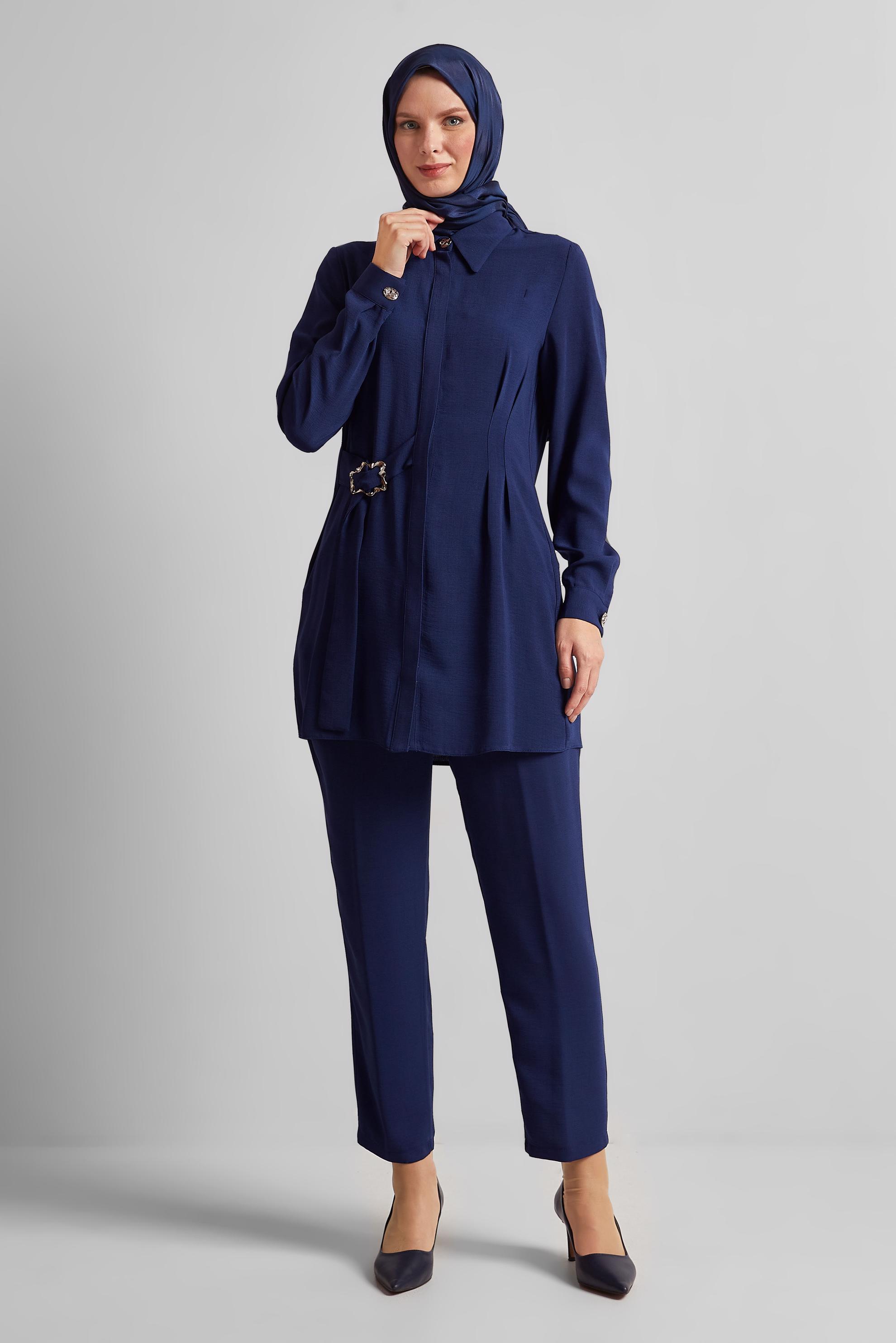 Tesettür giyim LACİVERT GÖMLEK YAKA PANTOLONLU TAKIM 45348