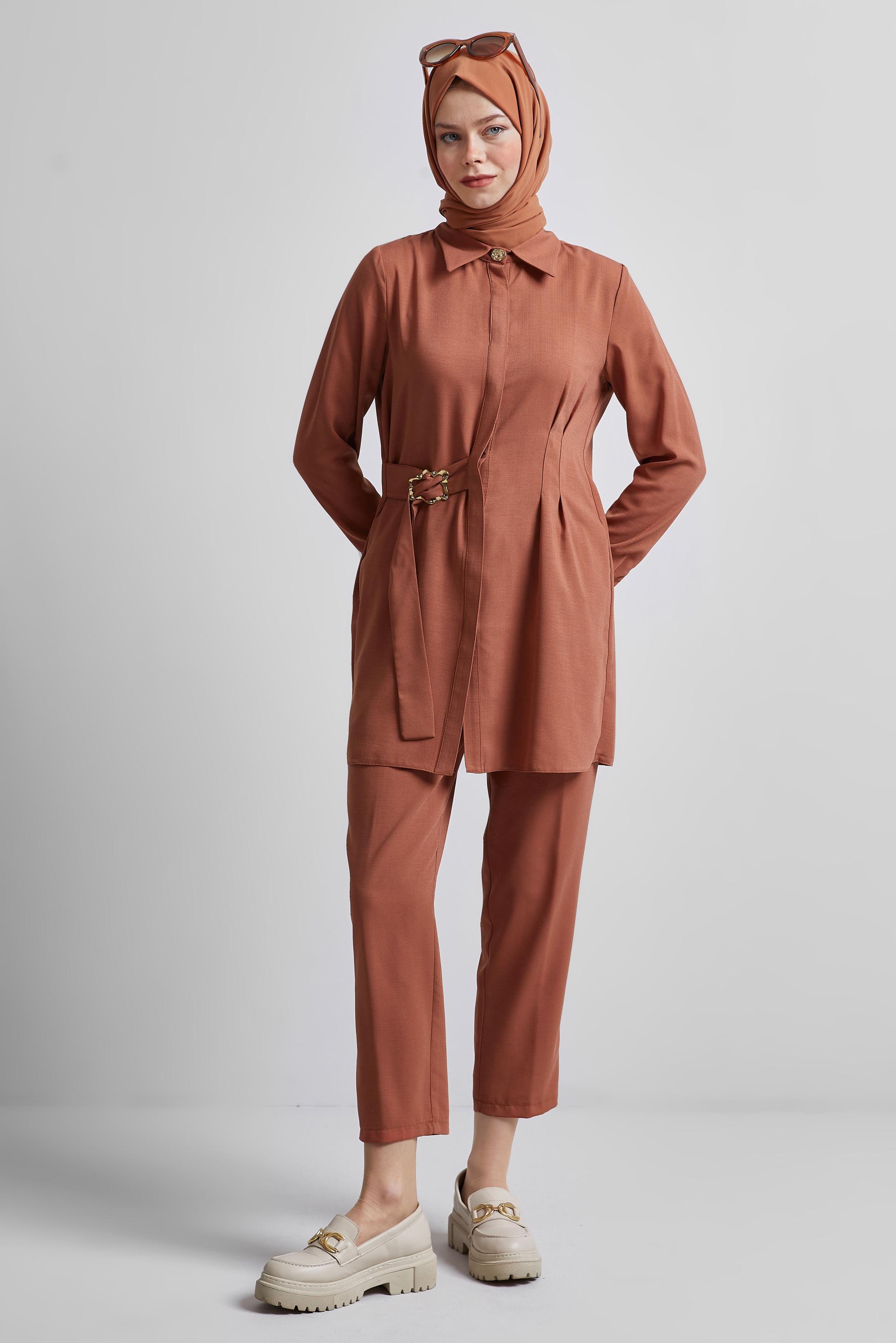 Tesettür giyim KAHVE GÖMLEK YAKA PANTOLONLU TAKIM 45348