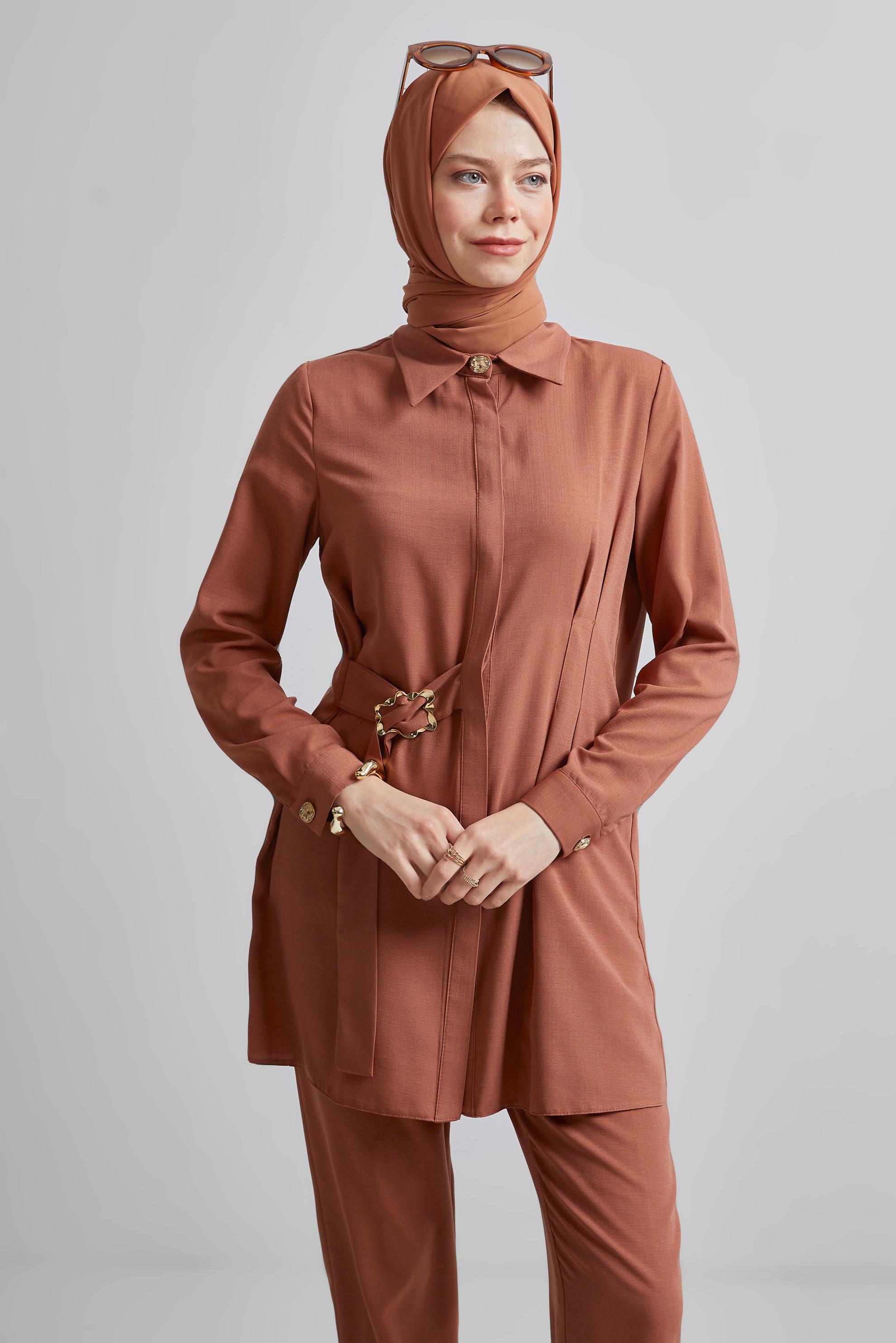 Tesettür giyim KAHVE GÖMLEK YAKA PANTOLONLU TAKIM 45348
