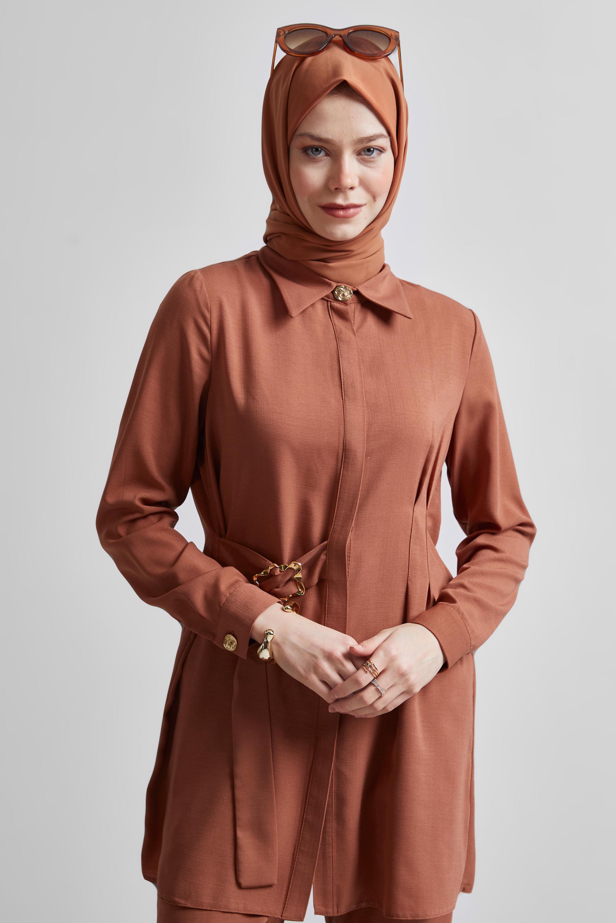 Tesettür giyim KAHVE GÖMLEK YAKA PANTOLONLU TAKIM 45348
