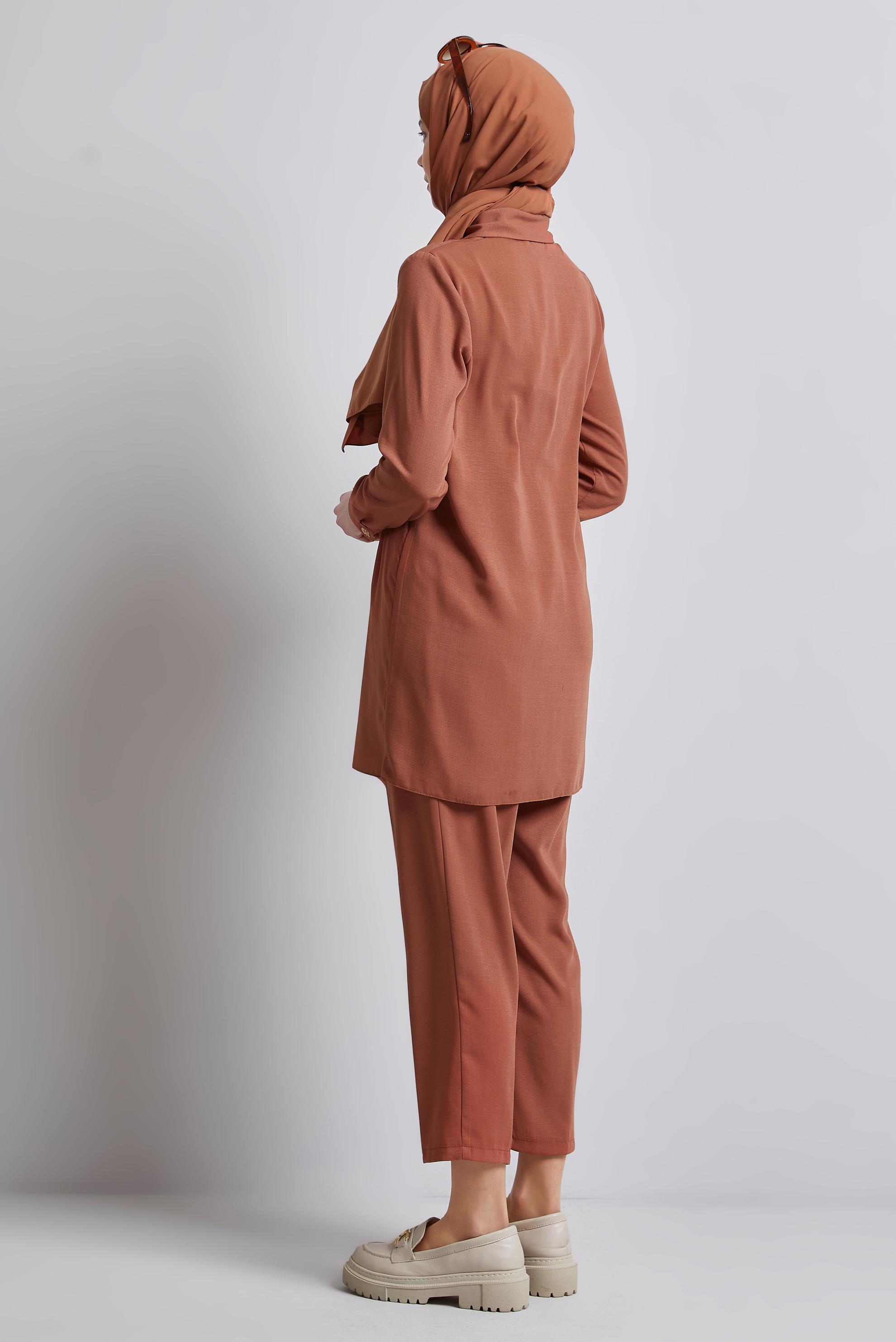 Tesettür giyim KAHVE GÖMLEK YAKA PANTOLONLU TAKIM 45348