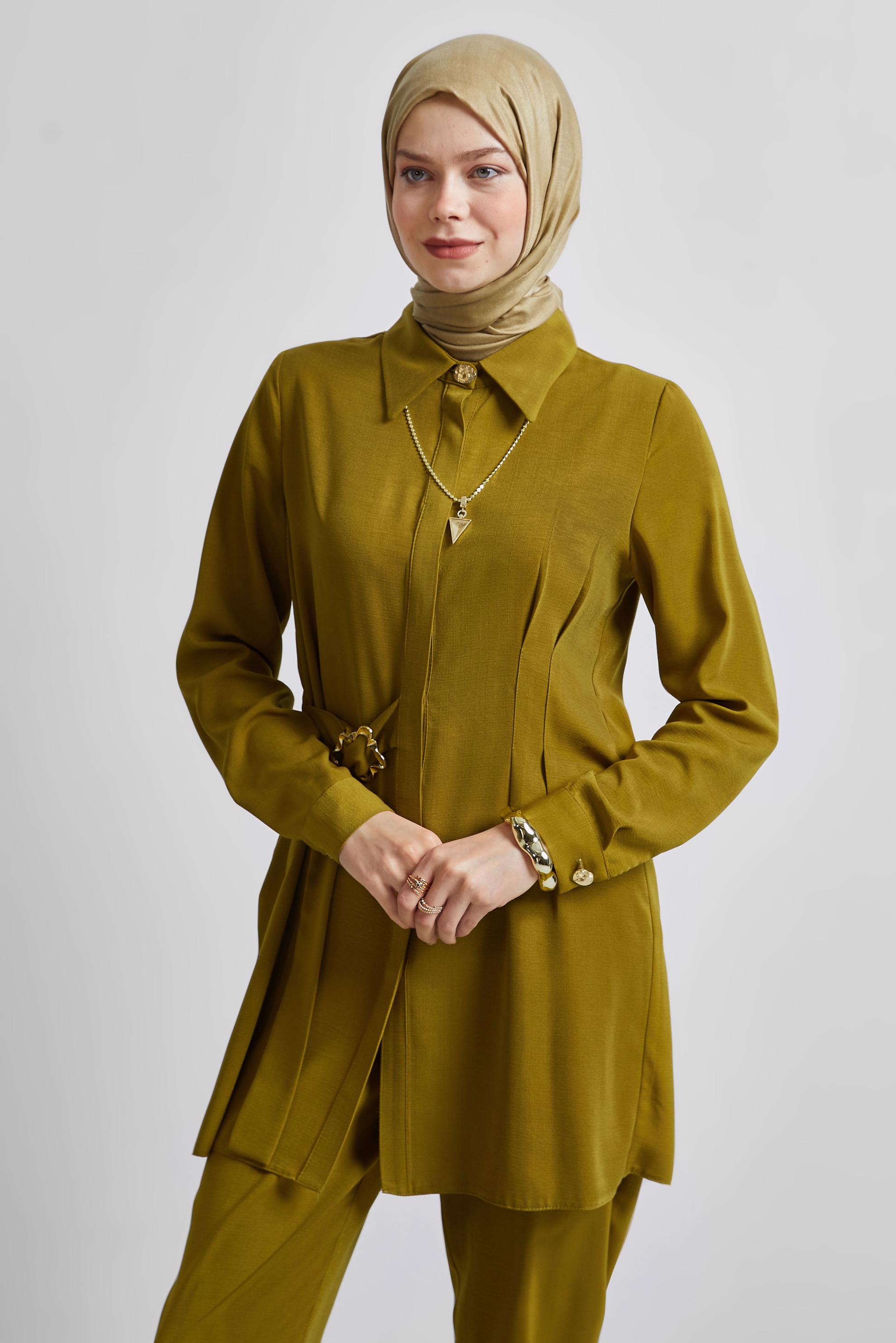 Tesettür giyim YEŞİL GÖMLEK YAKA PANTOLONLU TAKIM 45348
