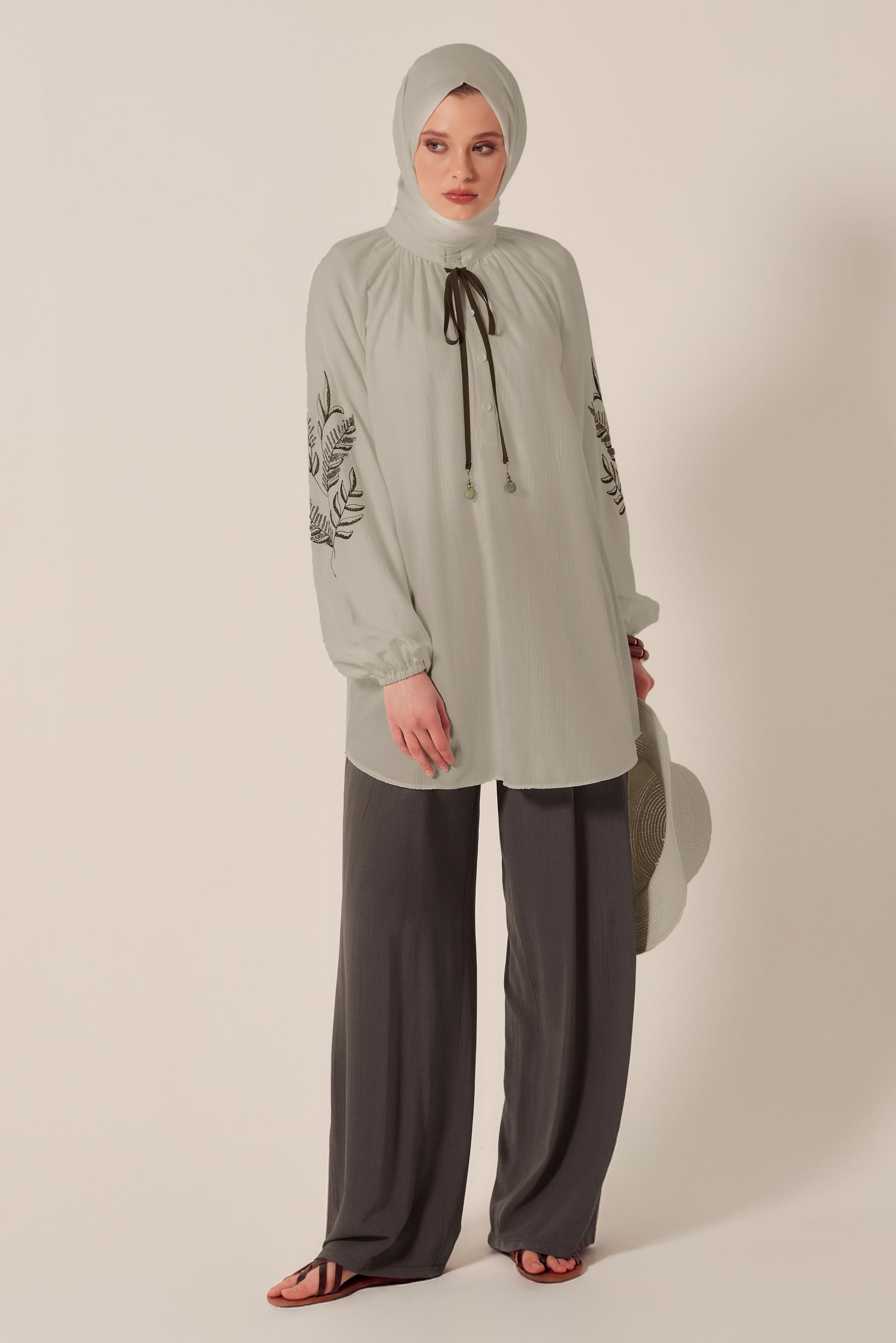 Tesettür giyim KAHVE GENİŞ PAÇA PANTOLONLU TAKIM 45349