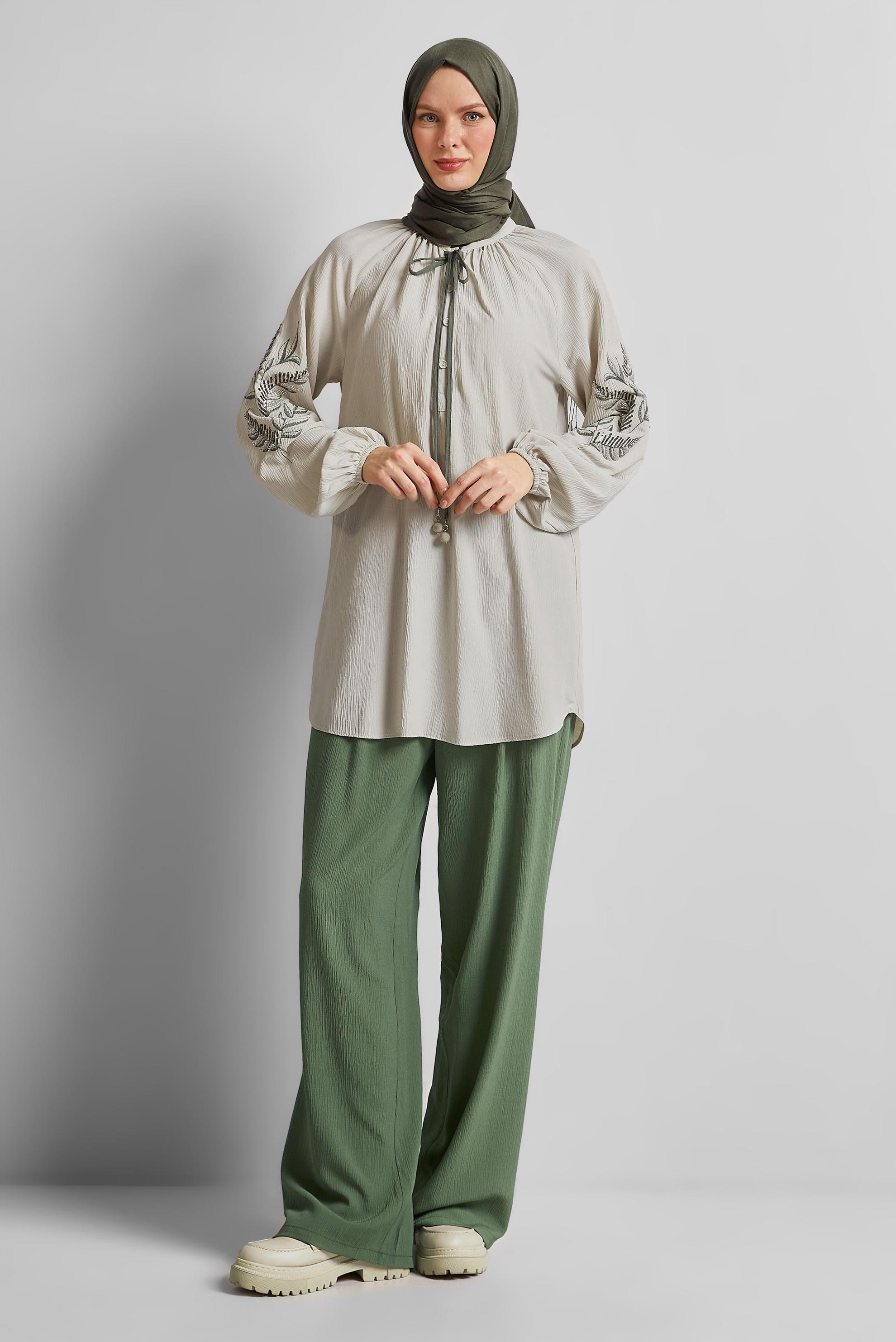 Tesettür giyim HAKİ GENİŞ PAÇA PANTOLONLU TAKIM 45349