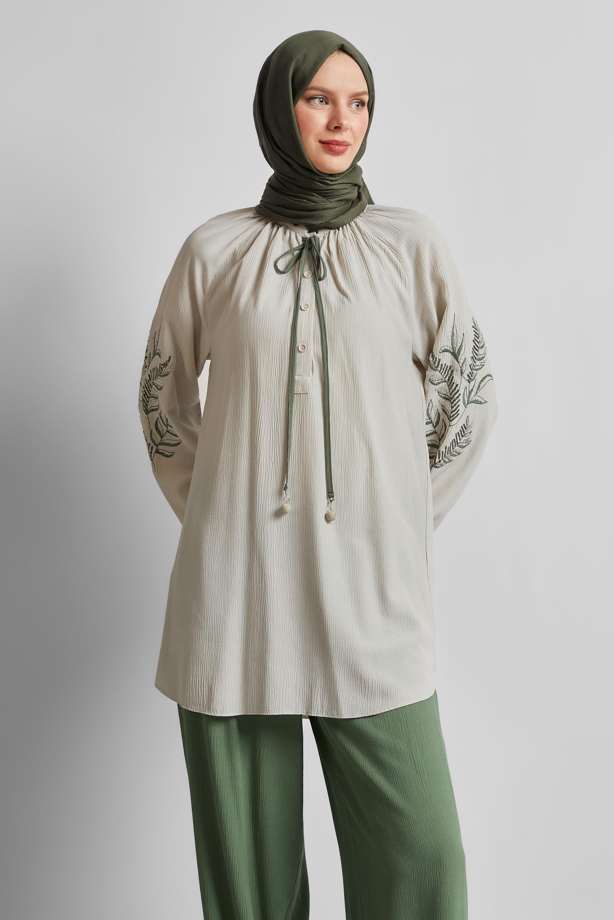 Tesettür giyim HAKİ GENİŞ PAÇA PANTOLONLU TAKIM 45349