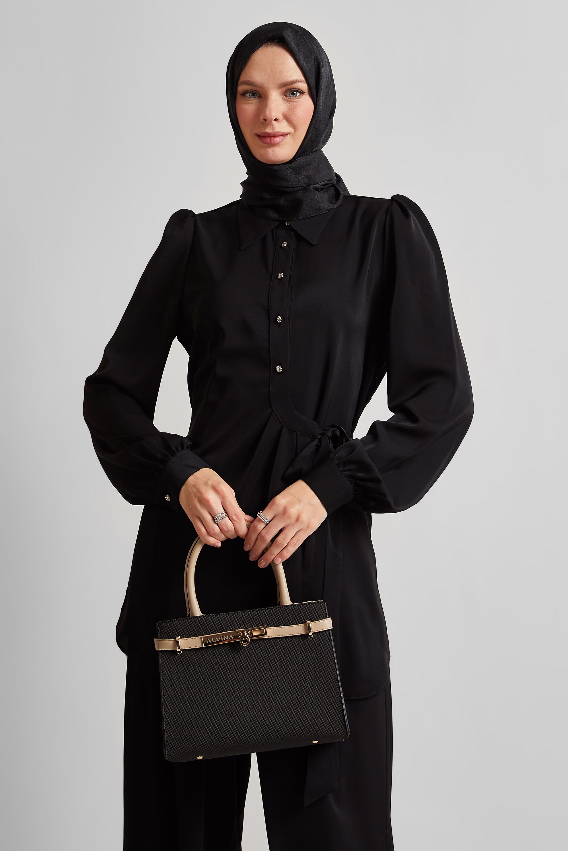 Tesettür giyim SİYAH BAĞLAMA DETAYLI PANTOLONLU TAKIM 45370