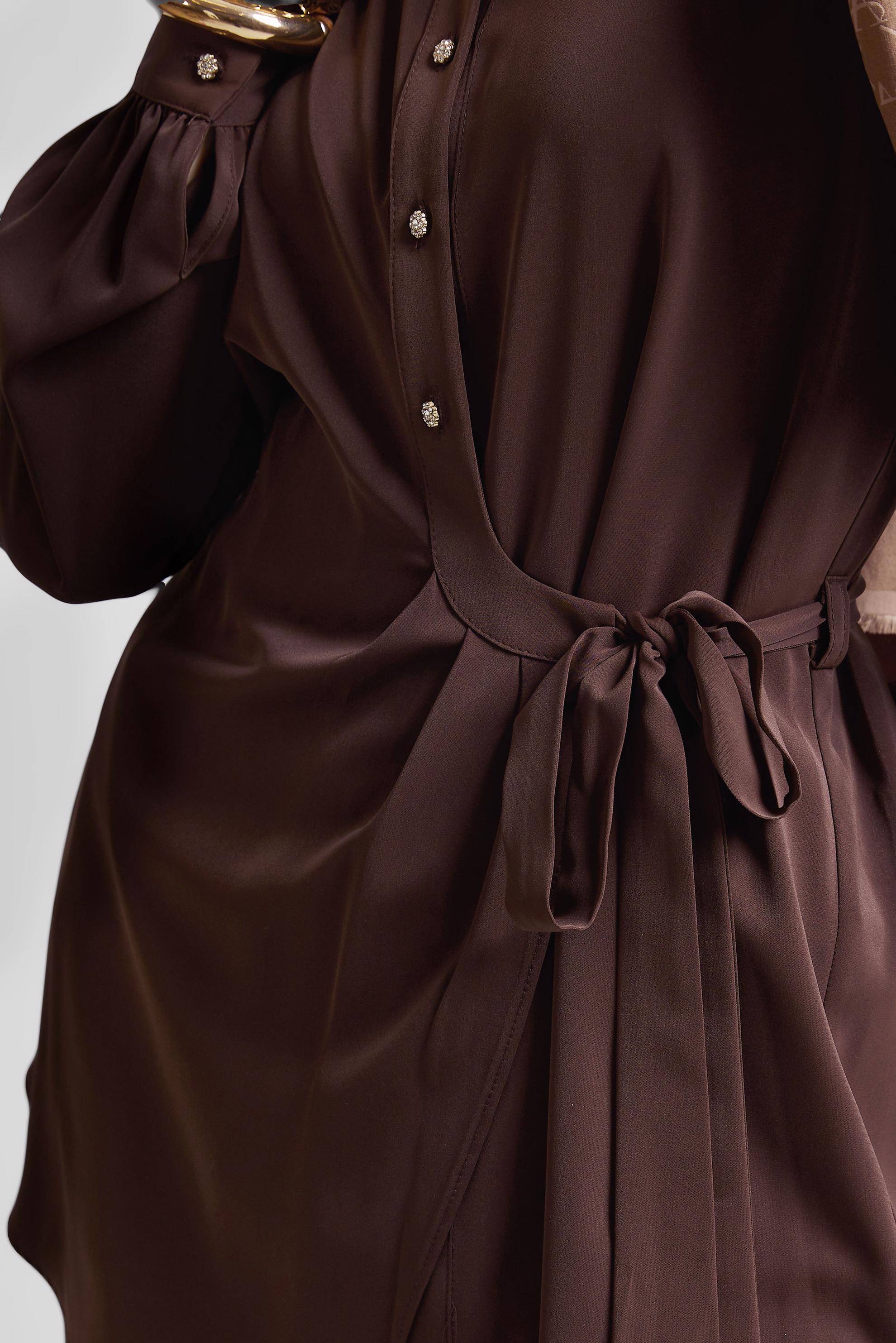 Tesettür giyim KAHVE BAĞLAMA DETAYLI PANTOLONLU TAKIM 45370