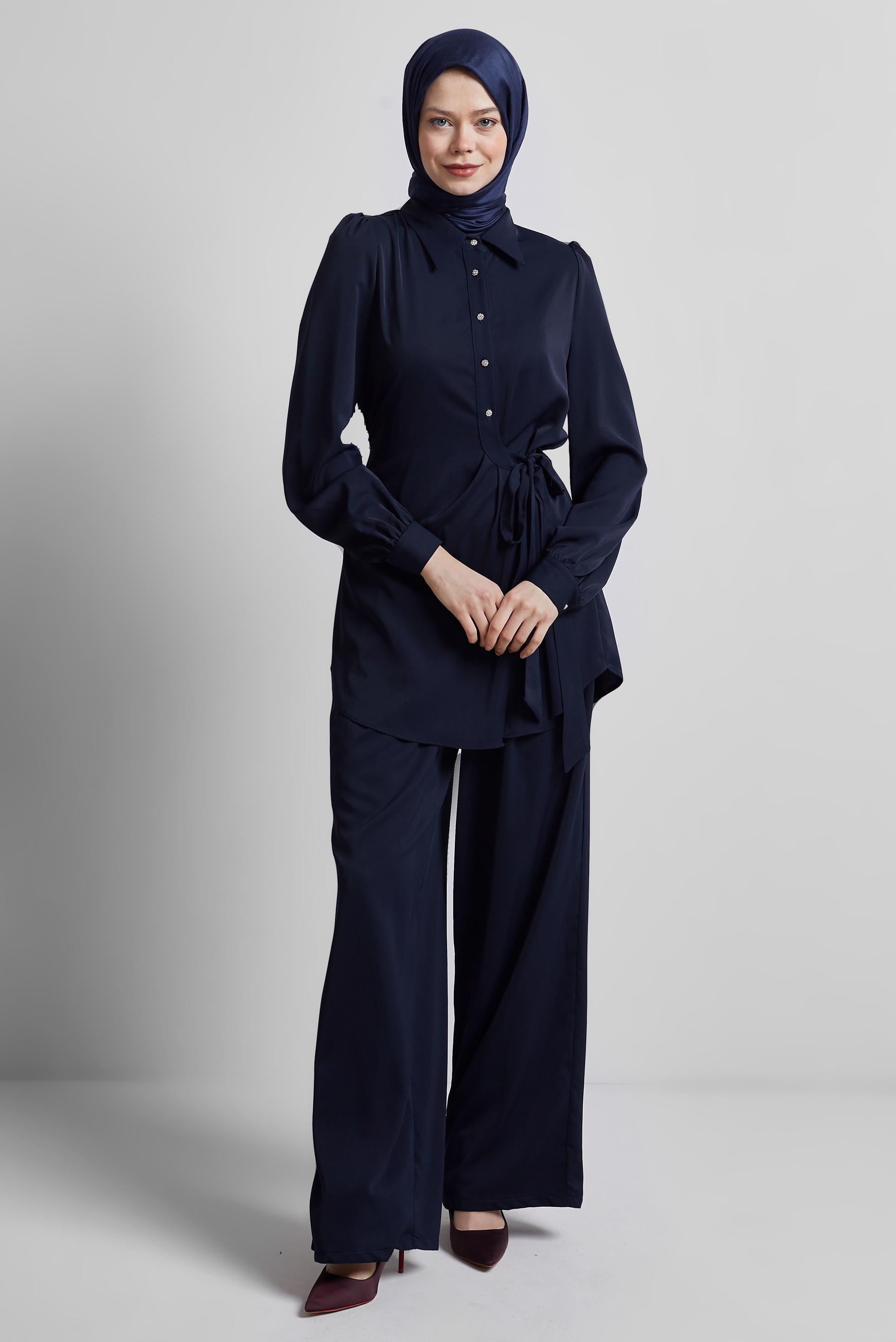 Tesettür giyim LACİVERT BAĞLAMA DETAYLI PANTOLONLU TAKIM 45370