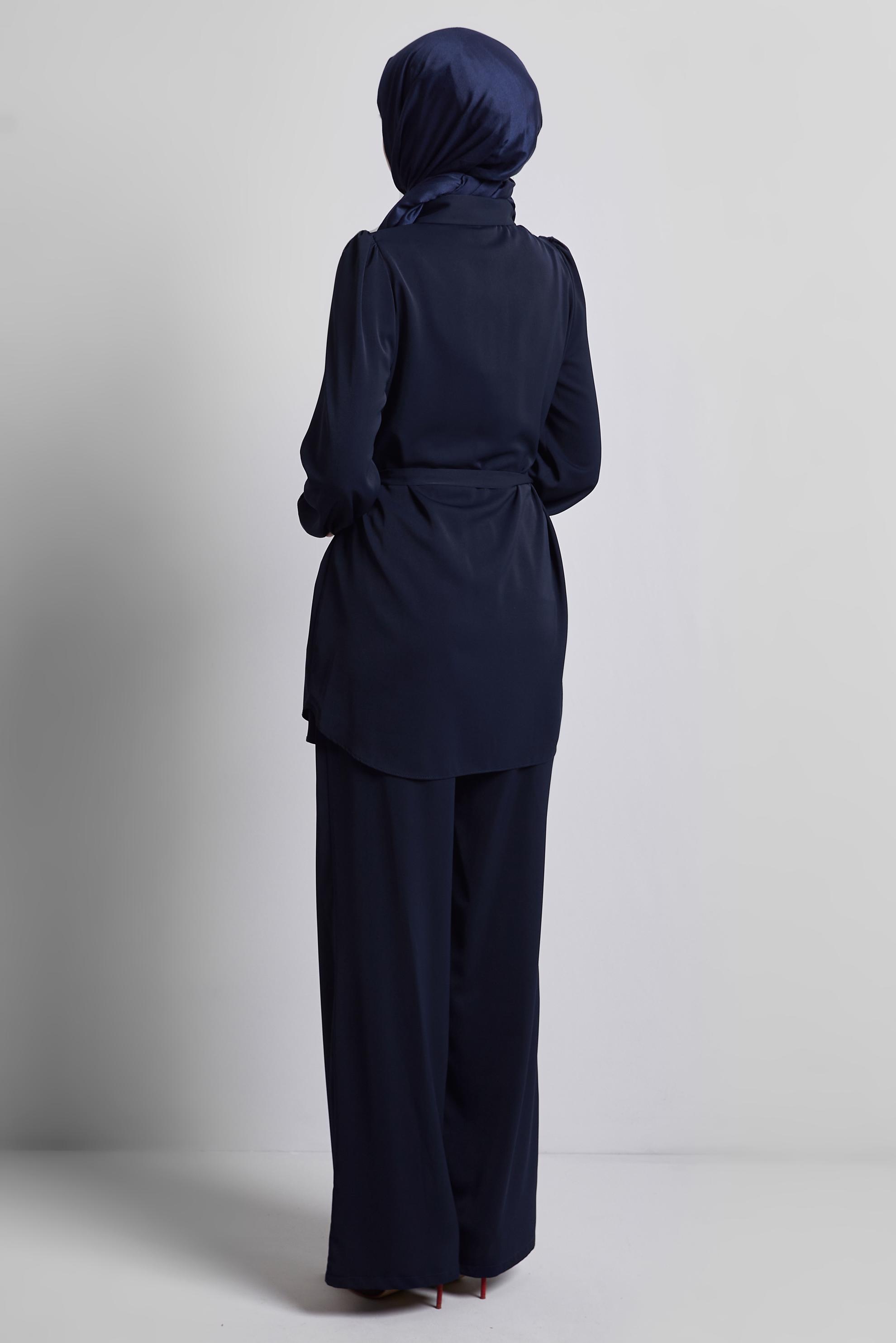 Tesettür giyim LACİVERT BAĞLAMA DETAYLI PANTOLONLU TAKIM 45370