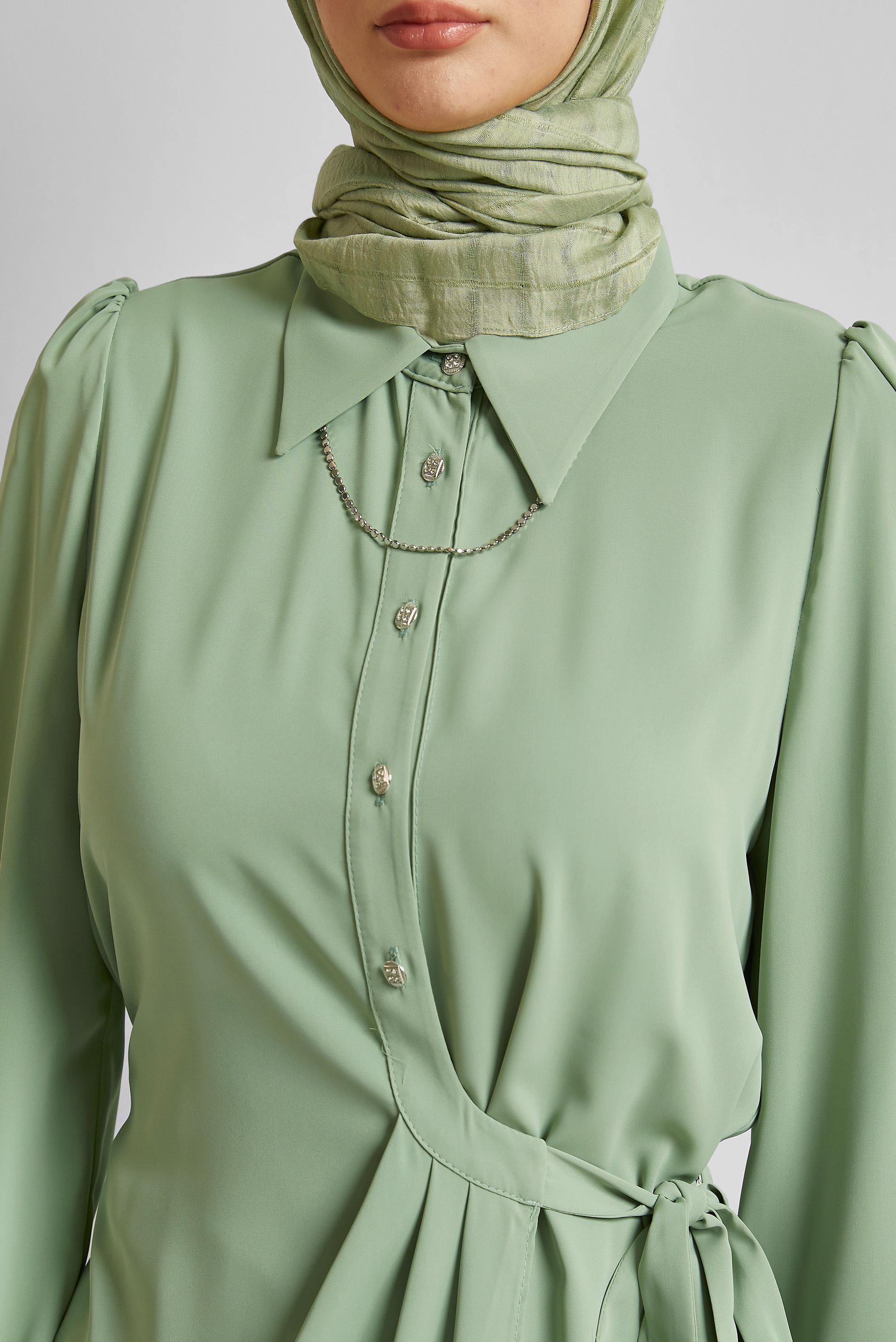 Tesettür giyim YEŞİL BAĞLAMA DETAYLI PANTOLONLU TAKIM 45370