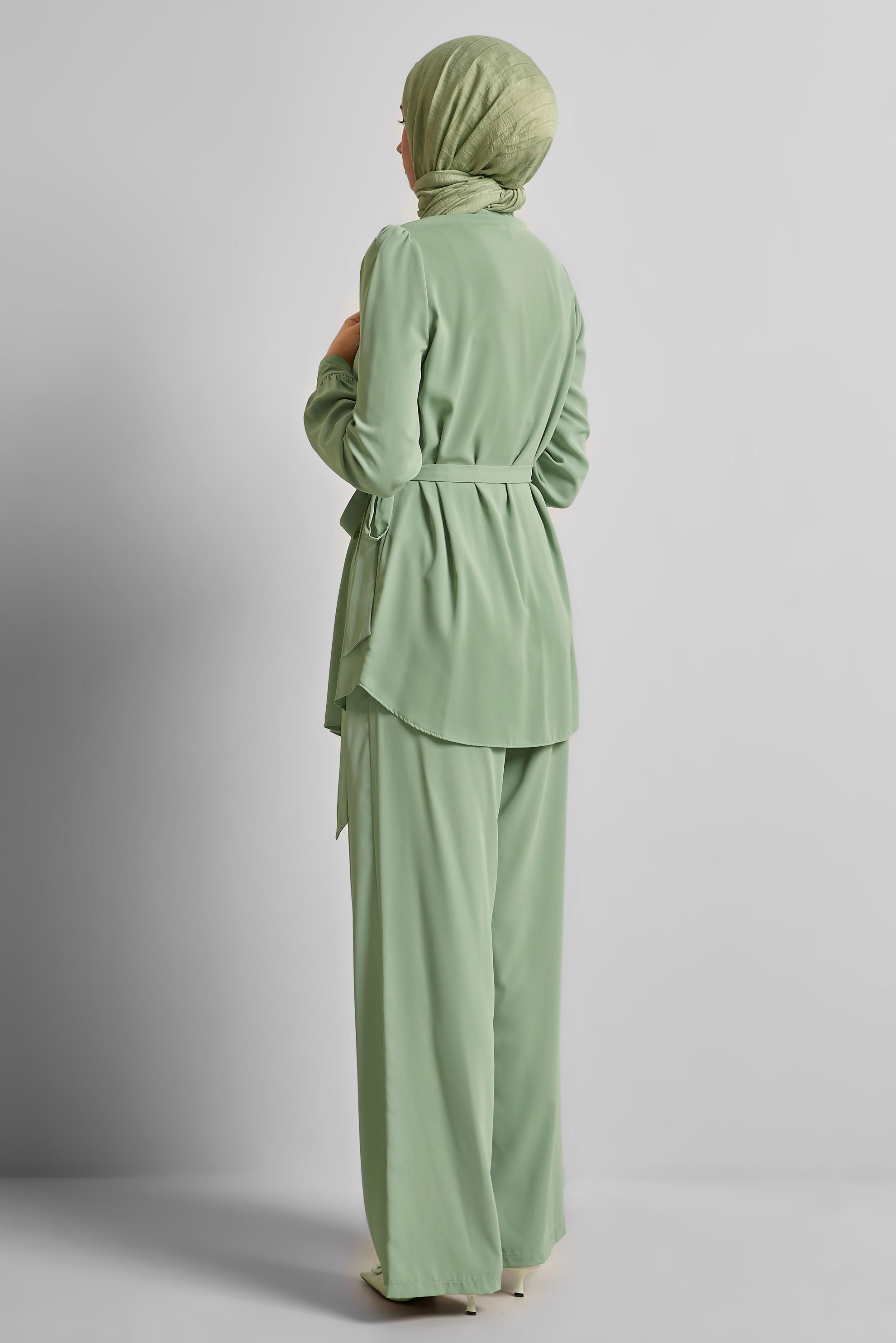 Tesettür giyim YEŞİL BAĞLAMA DETAYLI PANTOLONLU TAKIM 45370