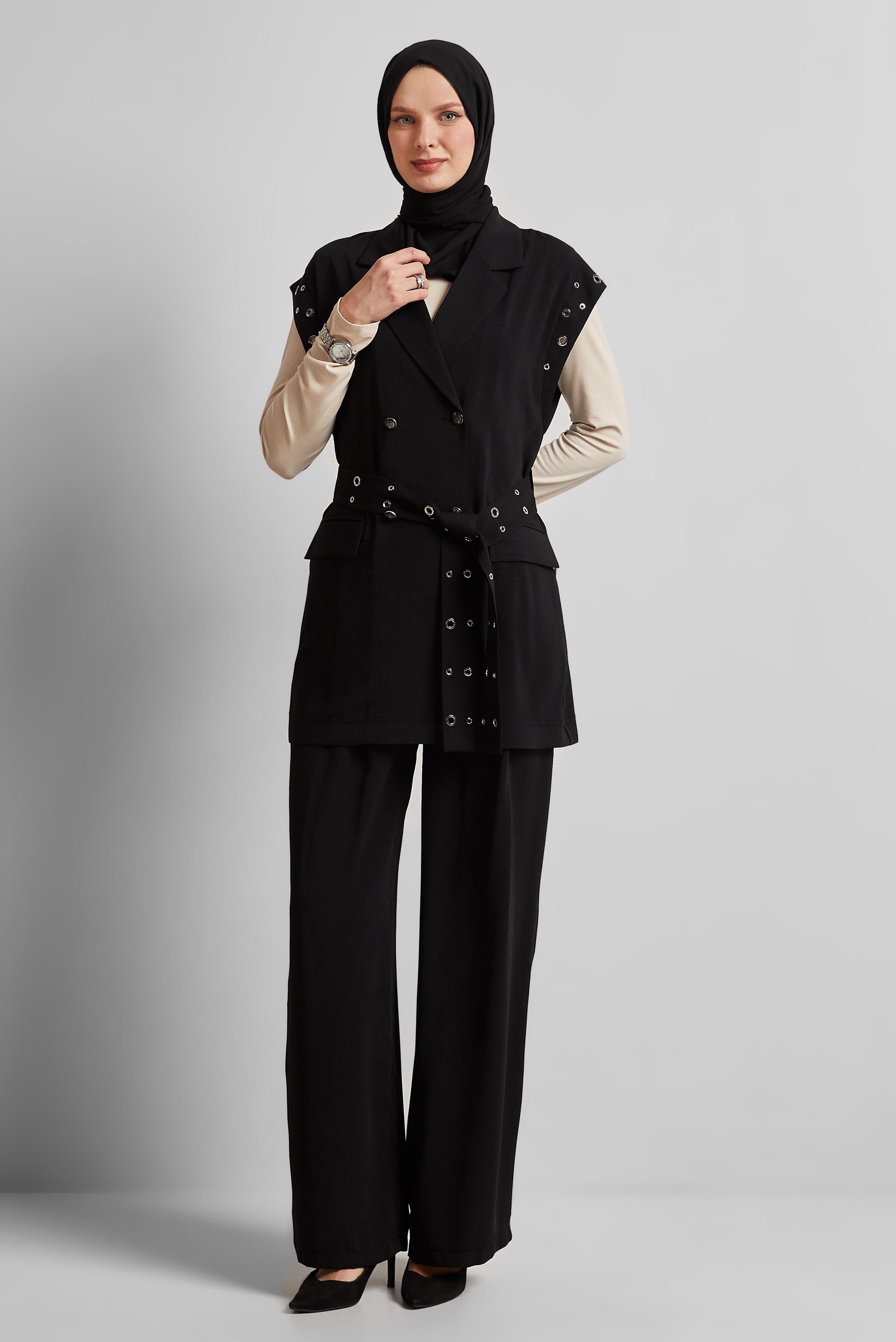 Tesettür giyim SİYAH KUŞAKLI PANTOLONLU TAKIM 45382