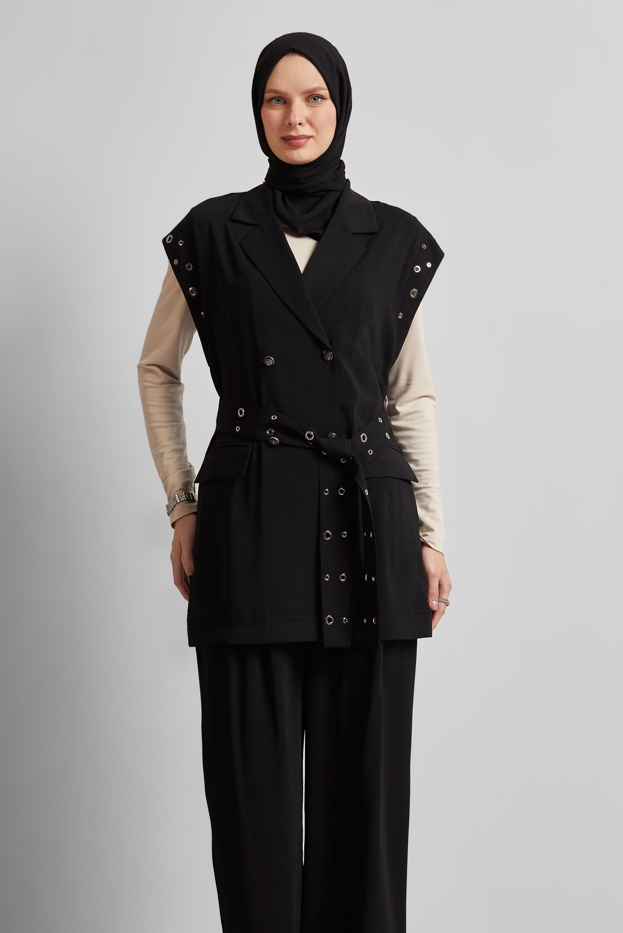 Tesettür giyim SİYAH KUŞAKLI PANTOLONLU TAKIM 45382