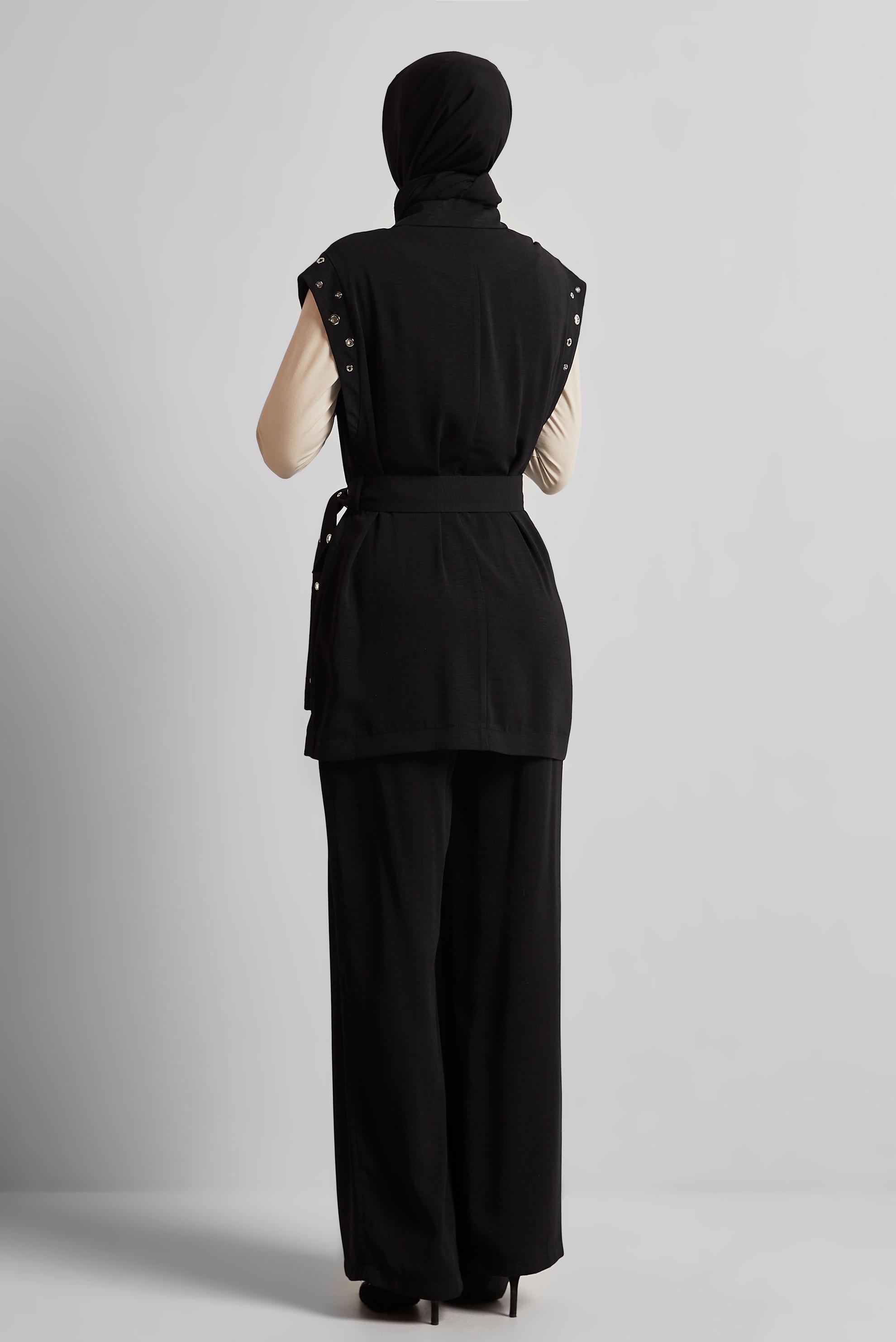 Tesettür giyim SİYAH KUŞAKLI PANTOLONLU TAKIM 45382