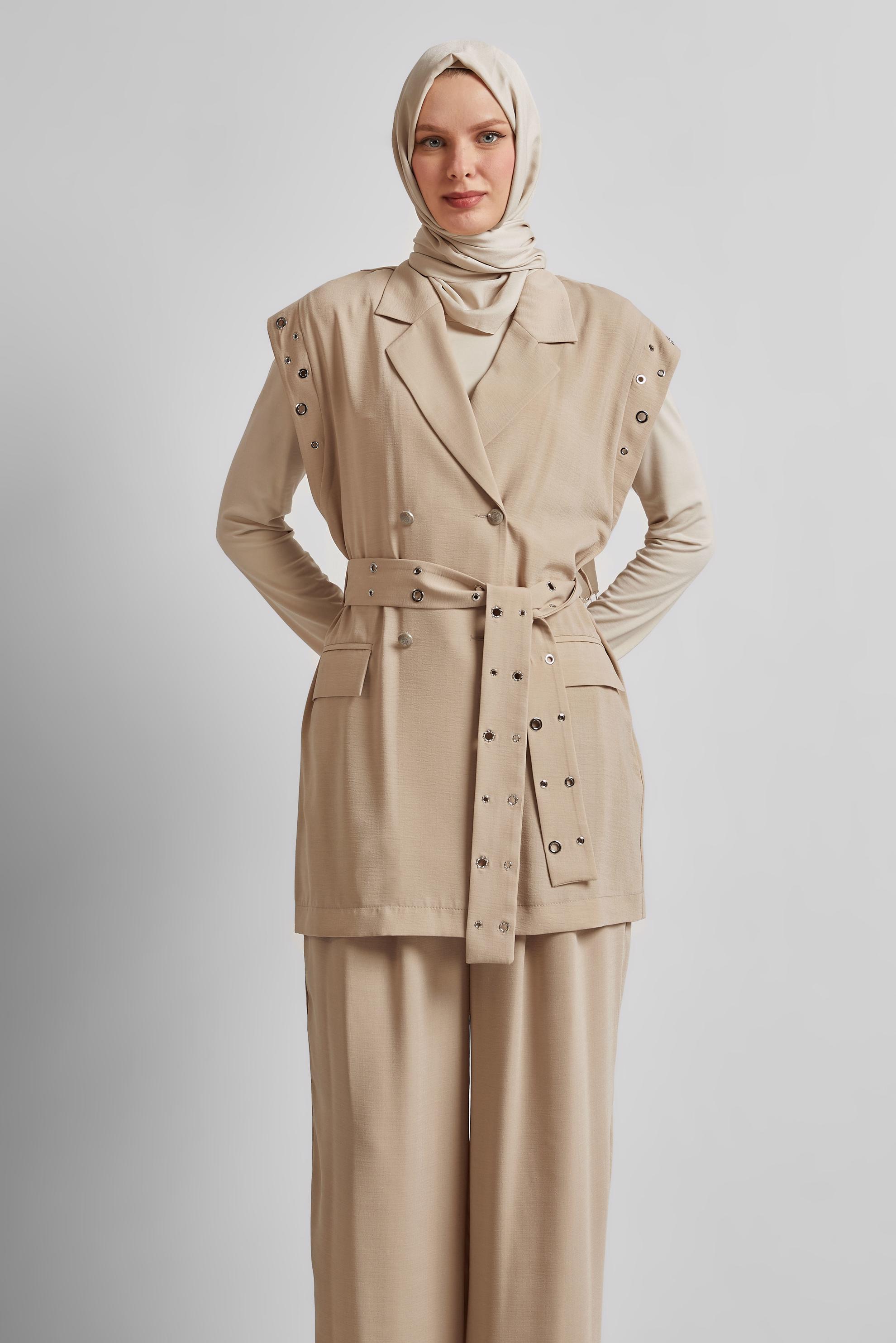 Tesettür giyim BEJ KUŞAKLI PANTOLONLU TAKIM 45382