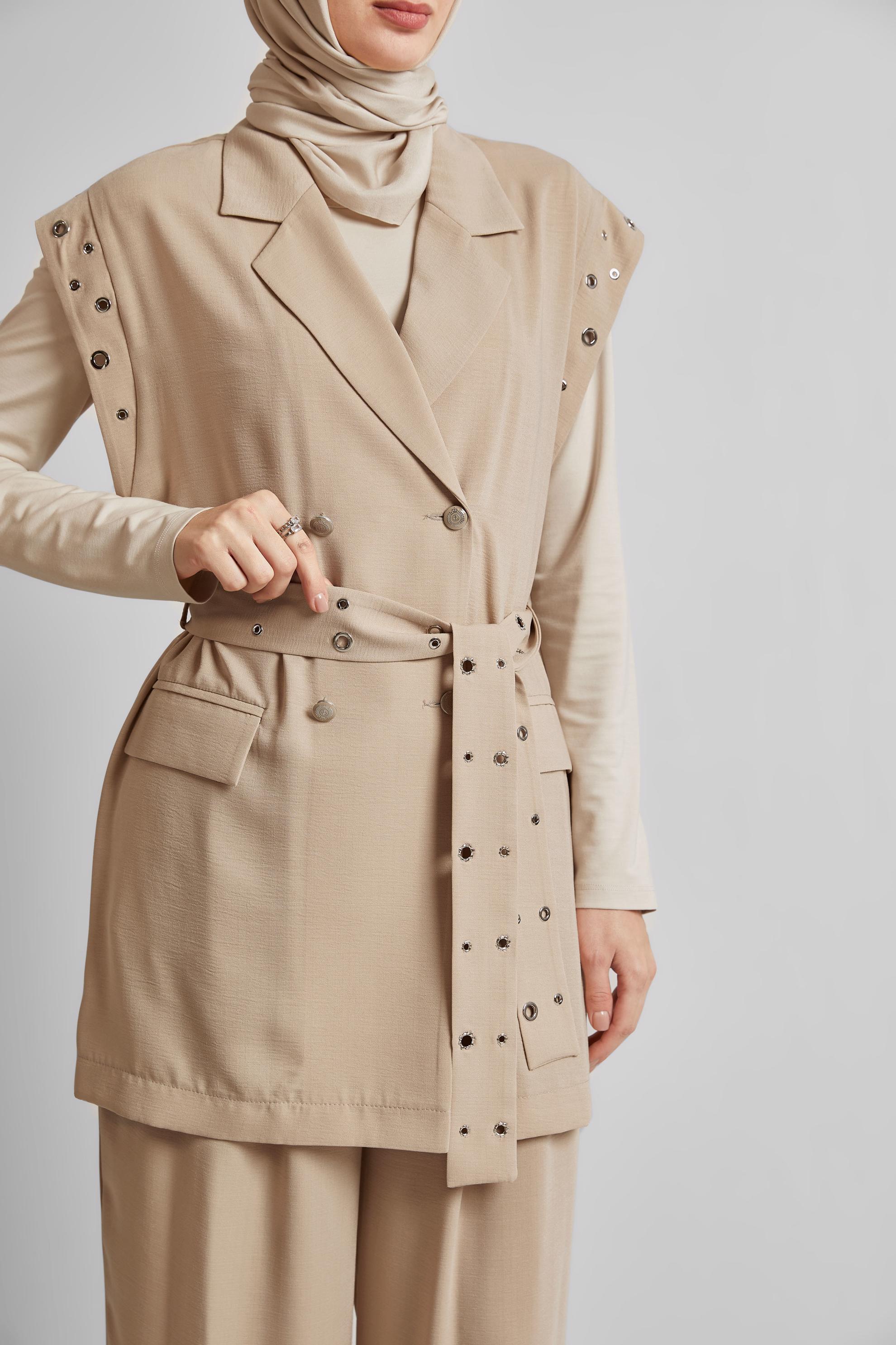 Tesettür giyim BEJ KUŞAKLI PANTOLONLU TAKIM 45382