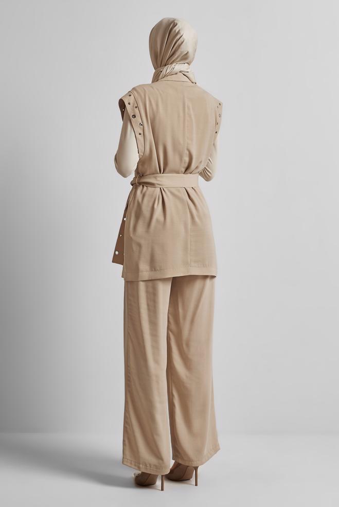 Vêtements hijab BEIGE COSTUME PANTALON CEINTURE 45382 - ALVİNA