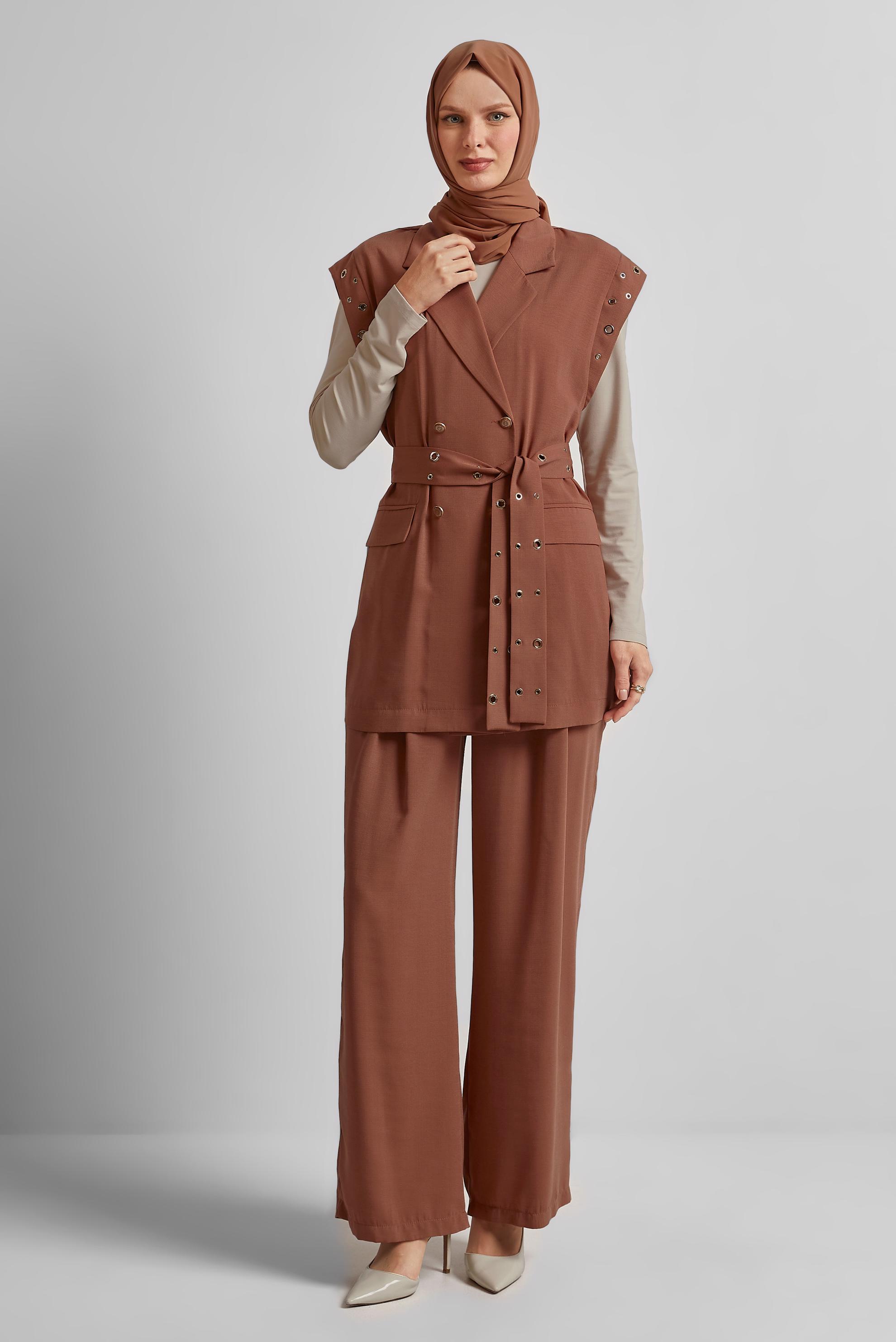 Tesettür giyim KAHVE KUŞAKLI PANTOLONLU TAKIM 45382