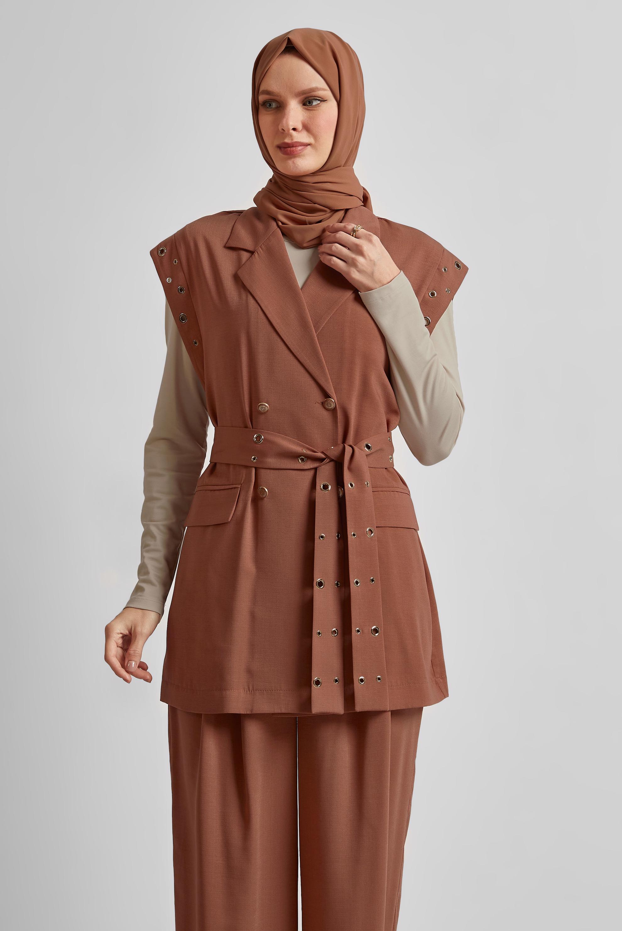 Tesettür giyim KAHVE KUŞAKLI PANTOLONLU TAKIM 45382