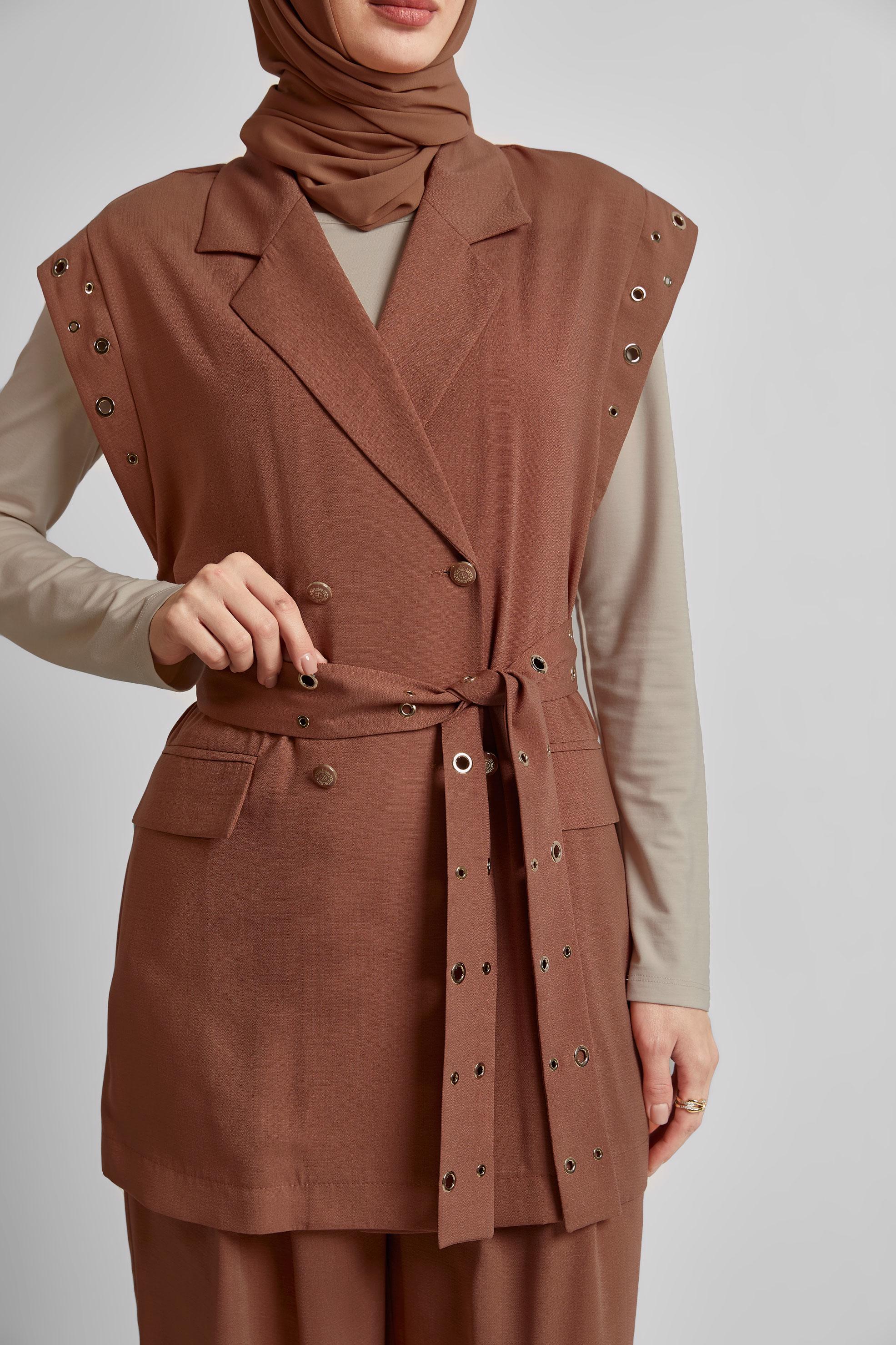 Tesettür giyim KAHVE KUŞAKLI PANTOLONLU TAKIM 45382