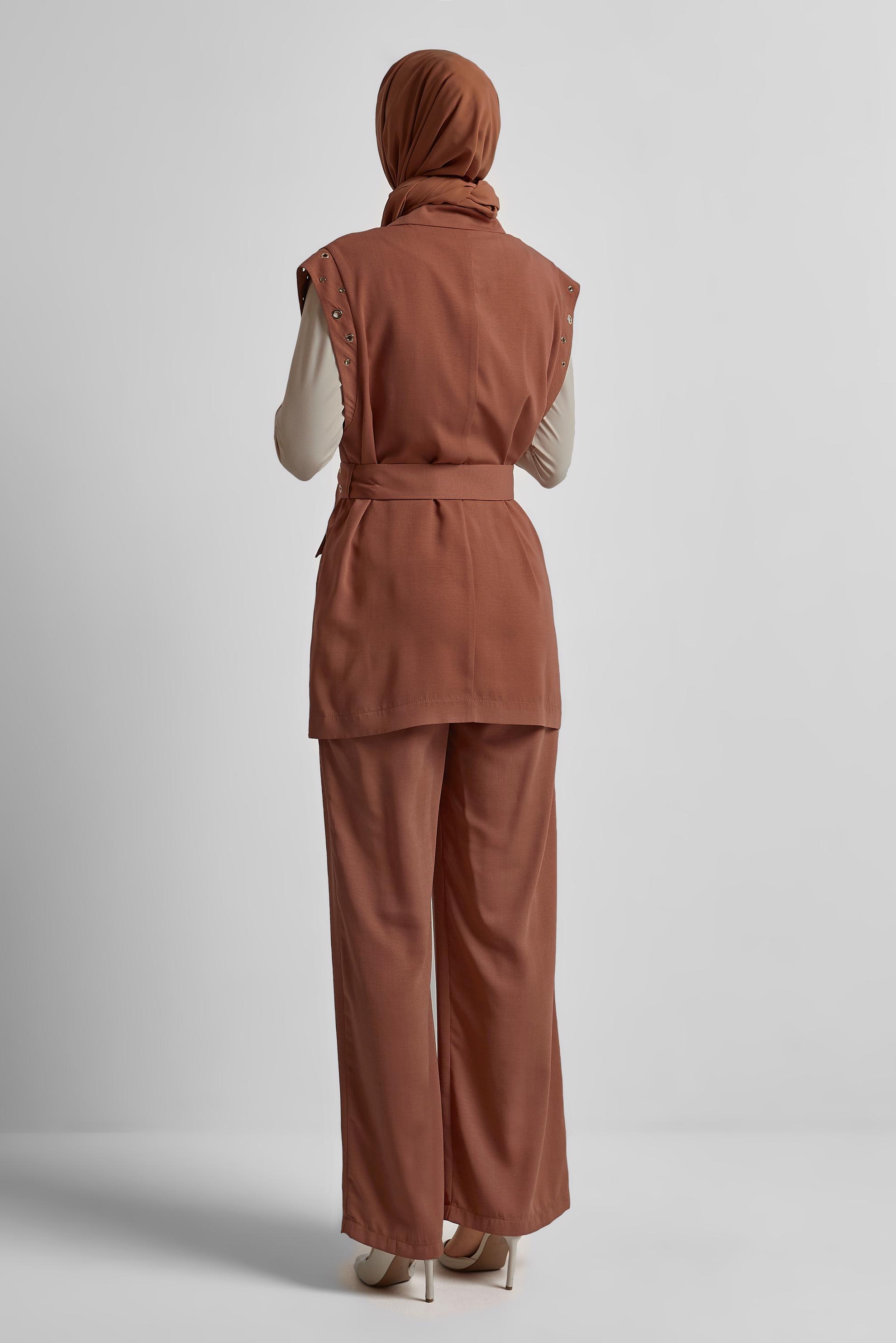 Tesettür giyim KAHVE KUŞAKLI PANTOLONLU TAKIM 45382