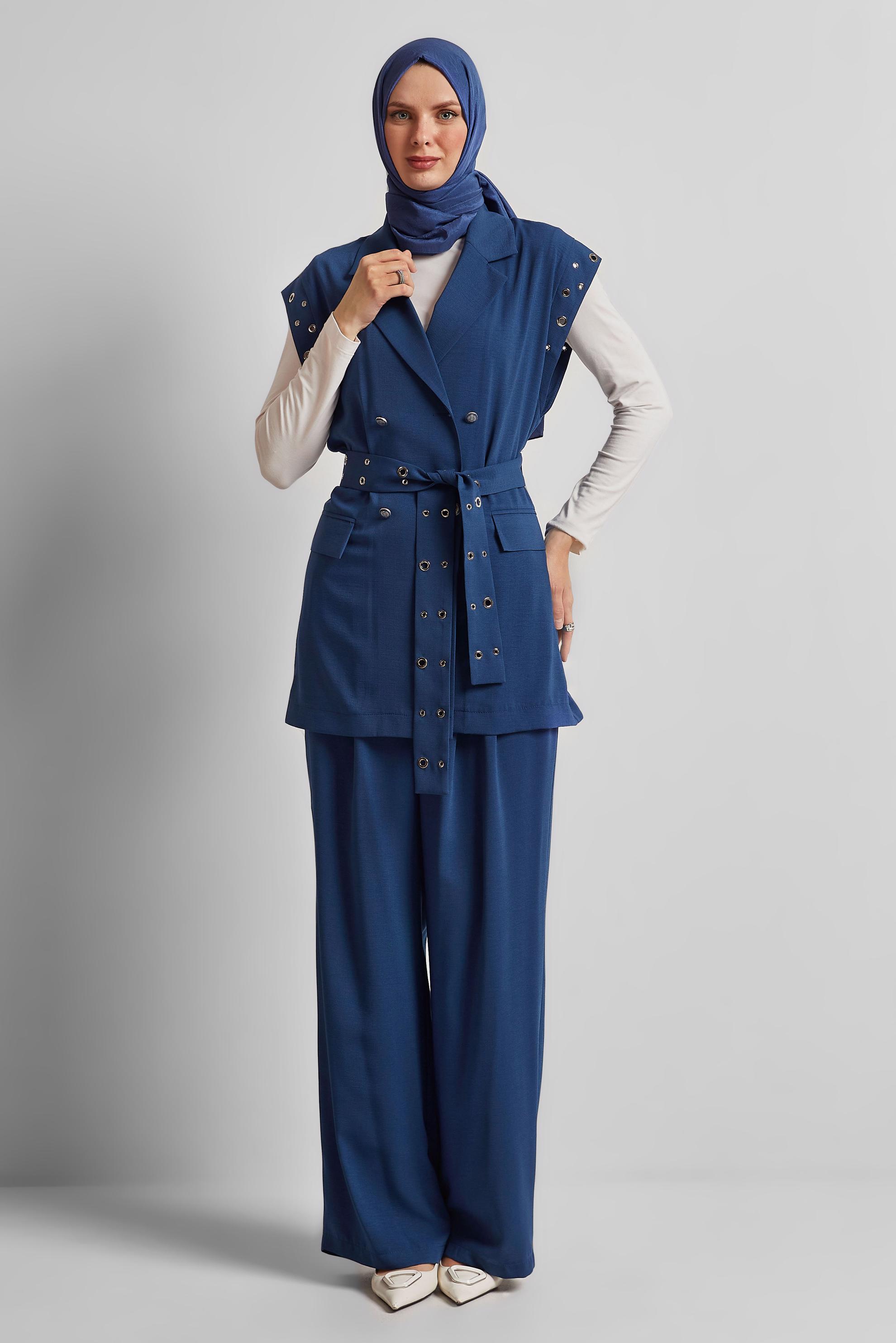Tesettür giyim LACİVERT KUŞAKLI PANTOLONLU TAKIM 45382