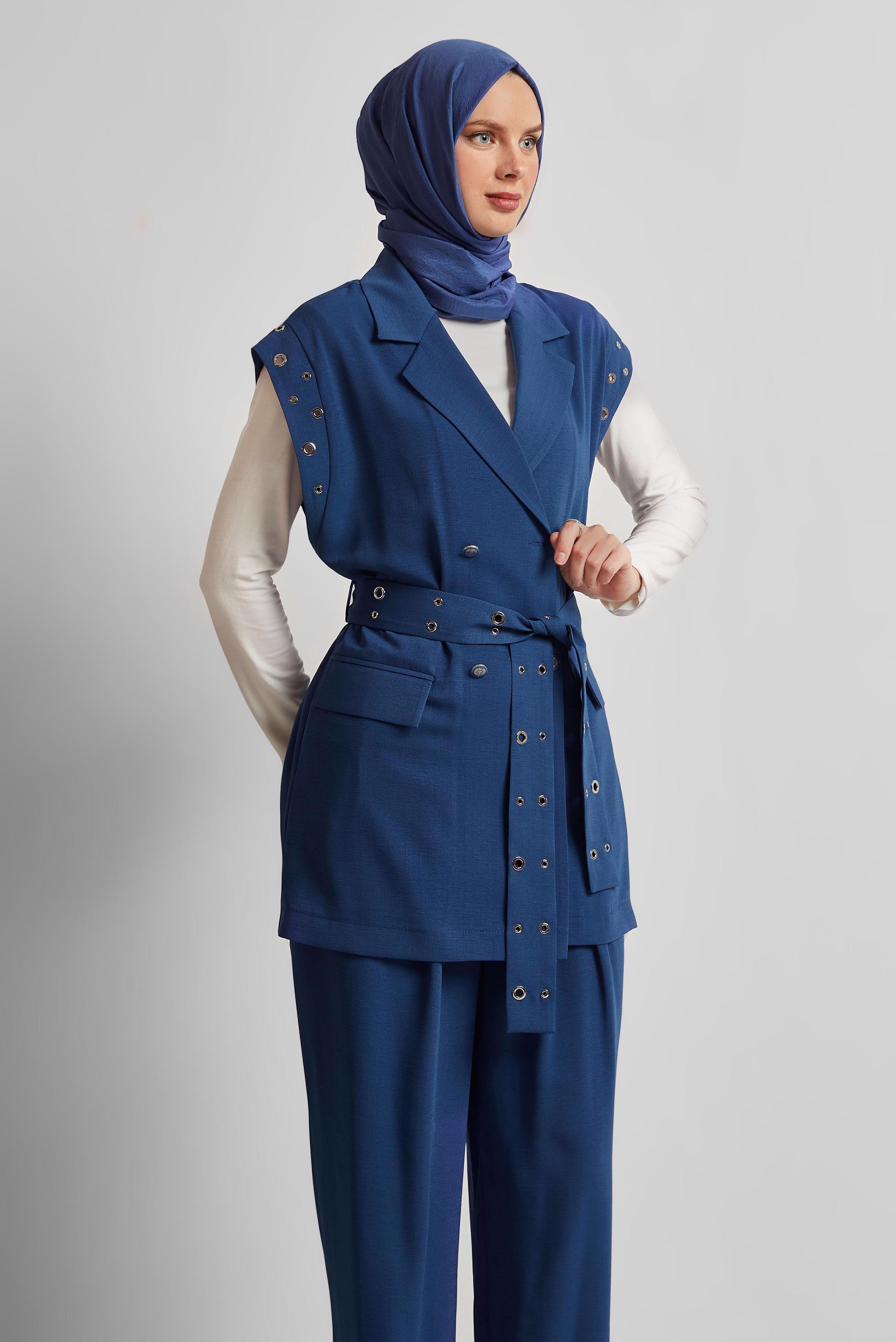 Tesettür giyim LACİVERT KUŞAKLI PANTOLONLU TAKIM 45382