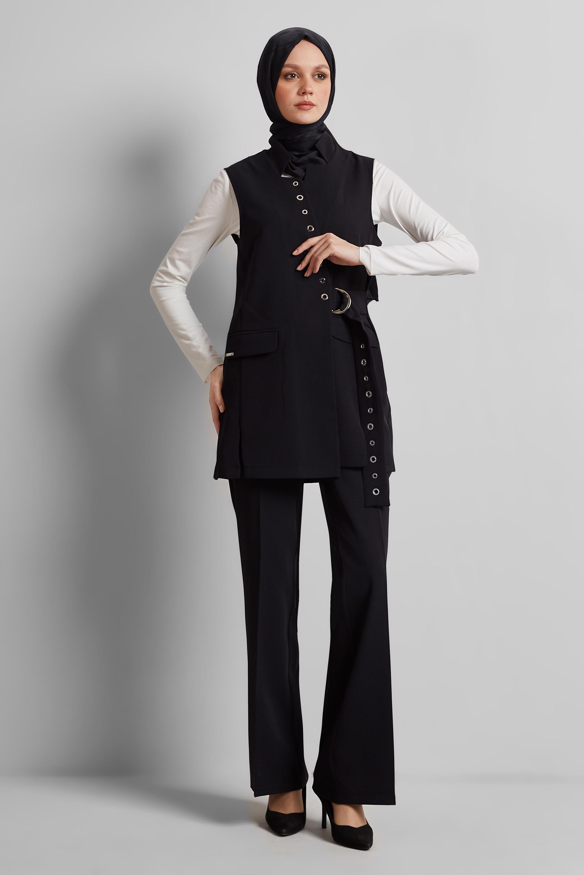 Tesettür giyim SİYAH KEMERLİ YELEKLİ PANTOLONLU TAKIM 45383