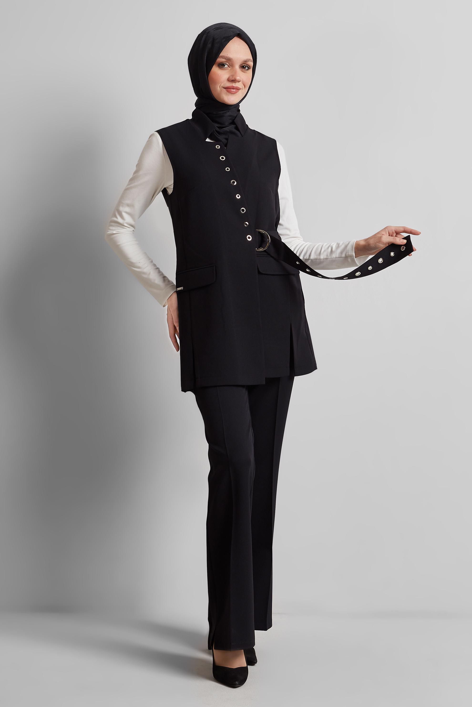 Tesettür giyim SİYAH KEMERLİ YELEKLİ PANTOLONLU TAKIM 45383