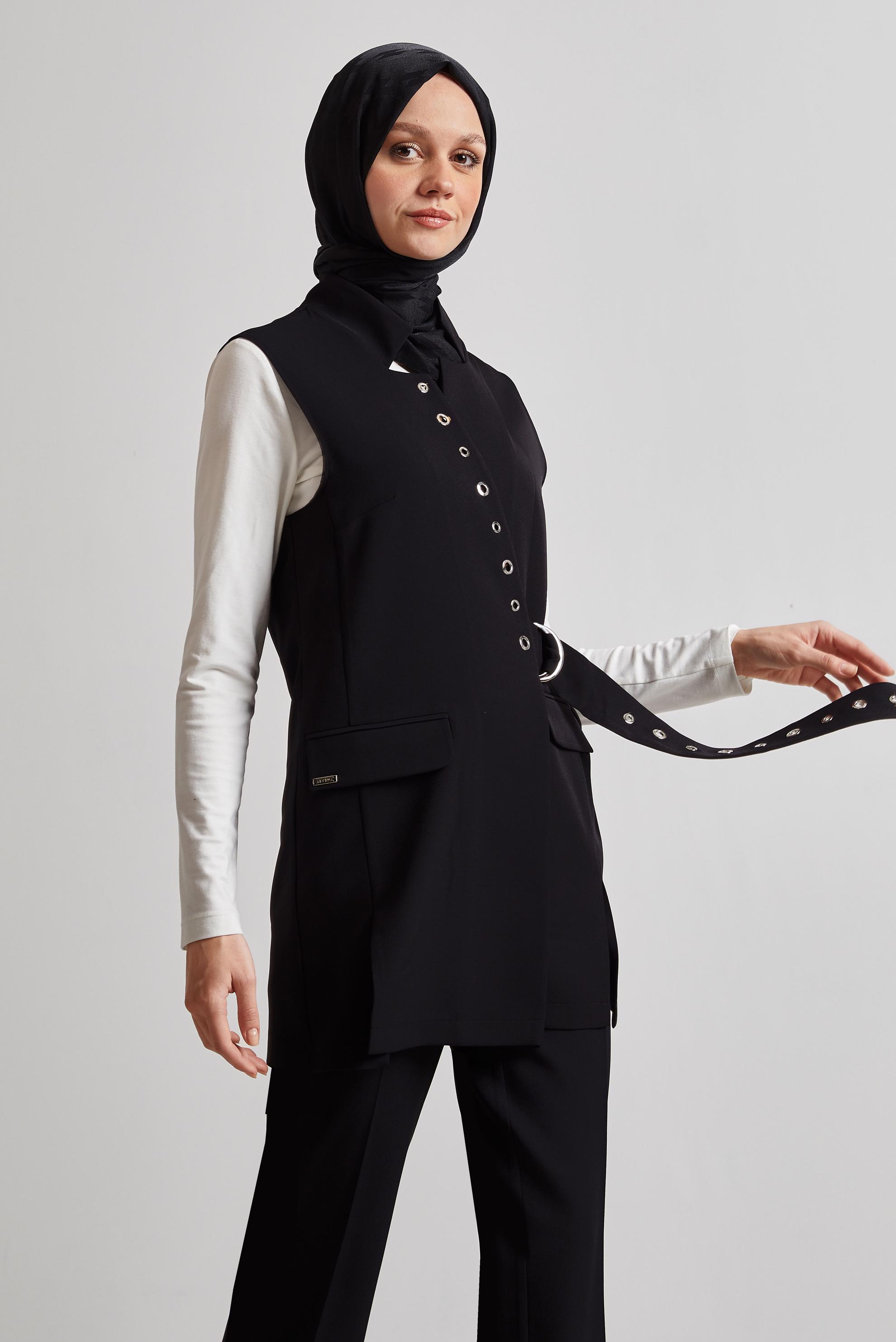 Tesettür giyim SİYAH KEMERLİ YELEKLİ PANTOLONLU TAKIM 45383