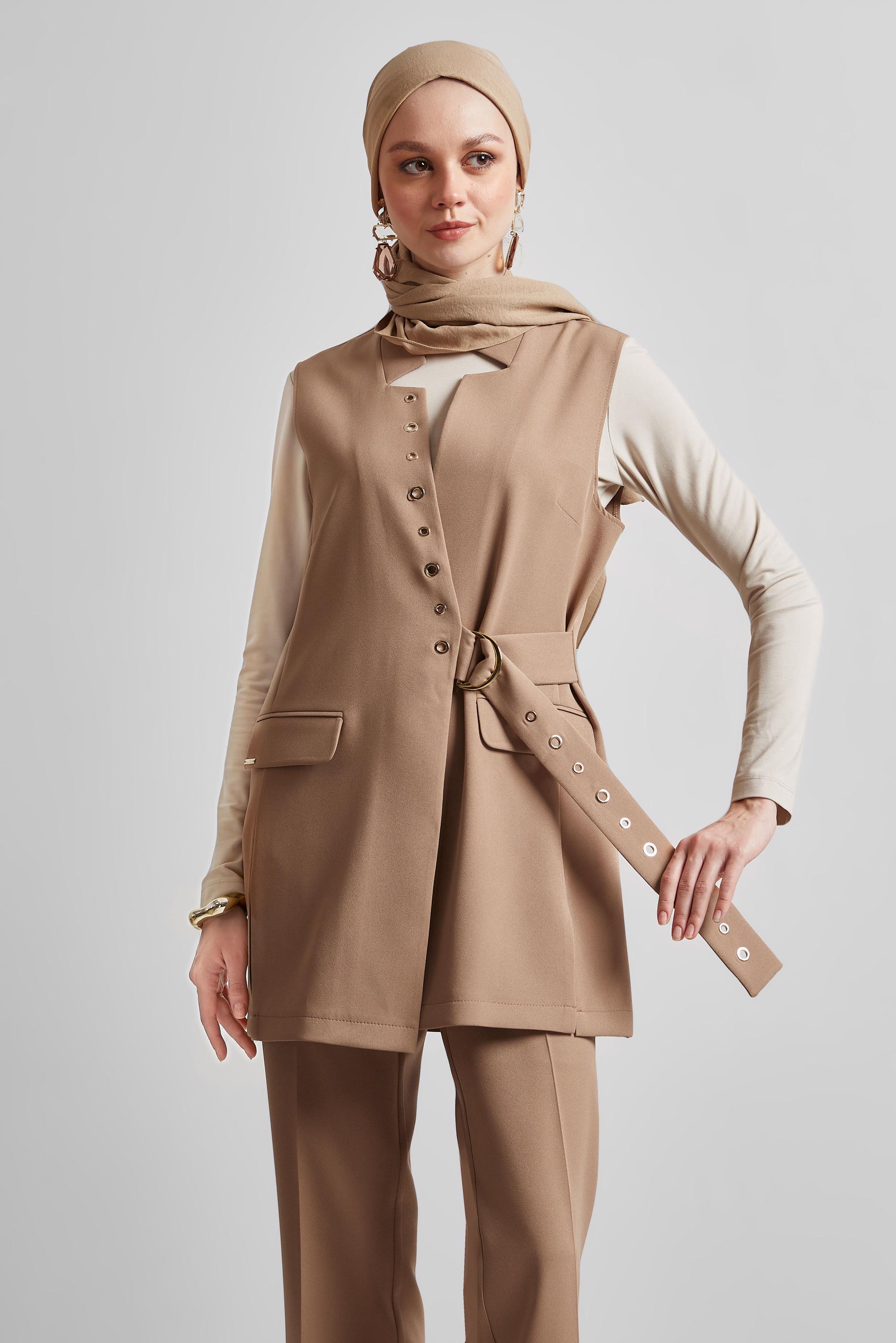 Tesettür giyim KAHVE KEMERLİ YELEKLİ PANTOLONLU TAKIM 45383