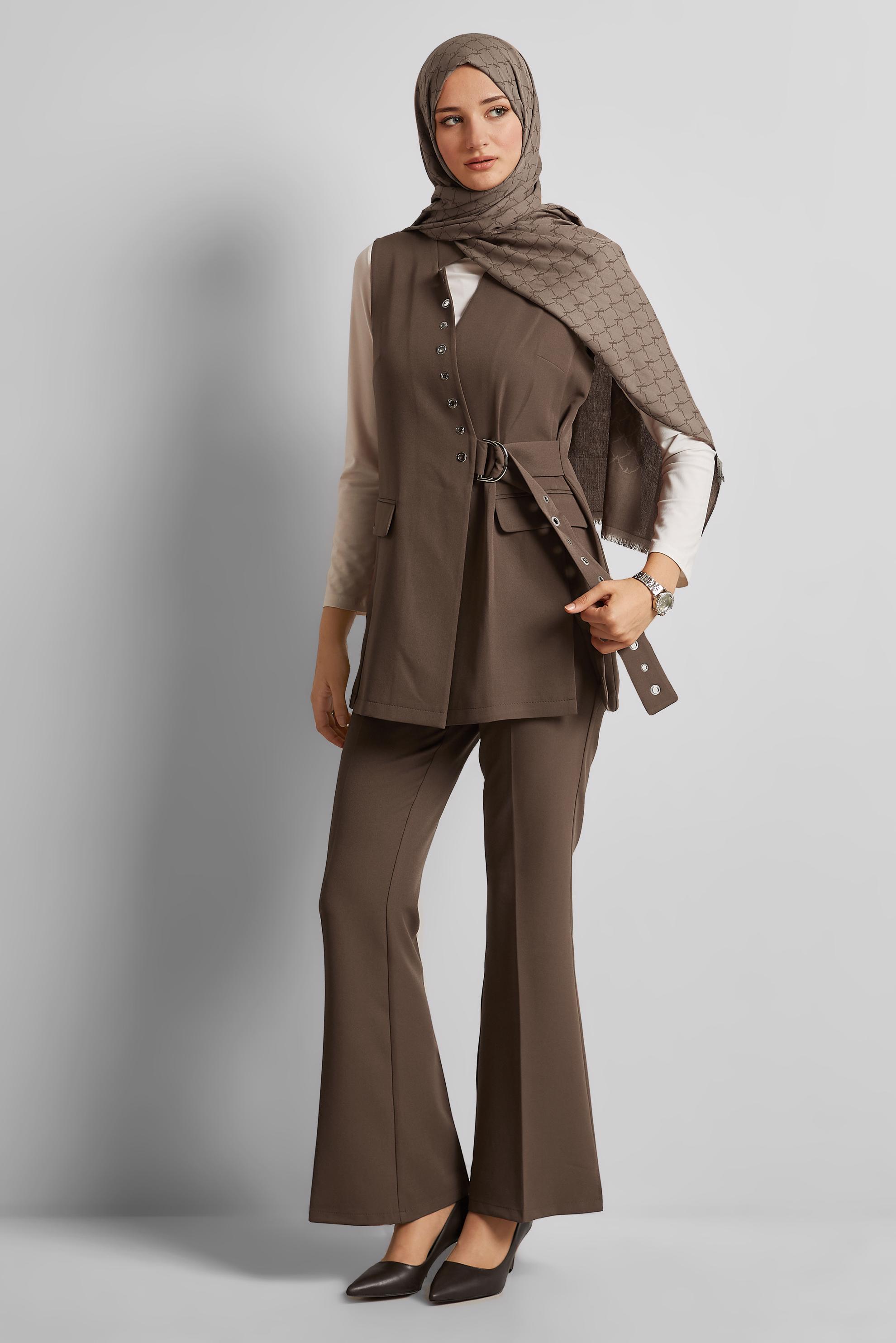 Tesettür giyim VİZON KEMERLİ YELEKLİ PANTOLONLU TAKIM 45383