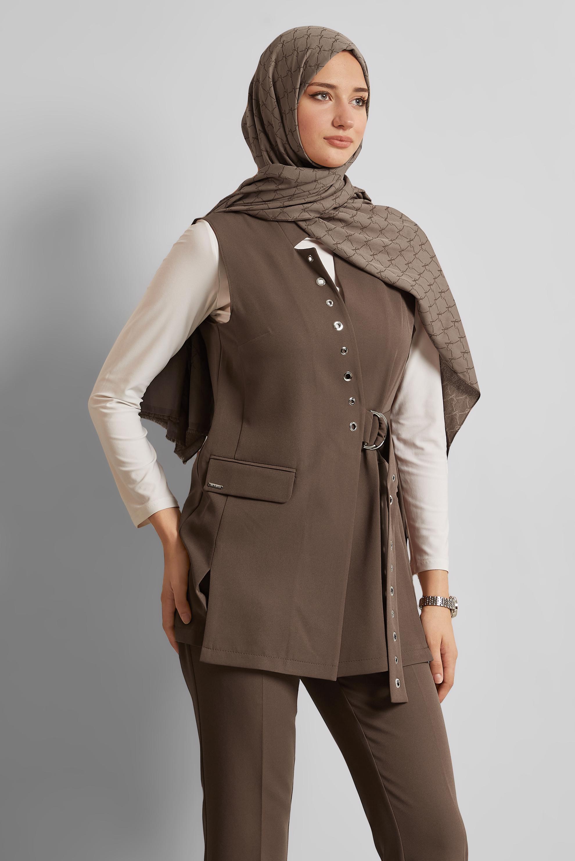 Tesettür giyim VİZON KEMERLİ YELEKLİ PANTOLONLU TAKIM 45383