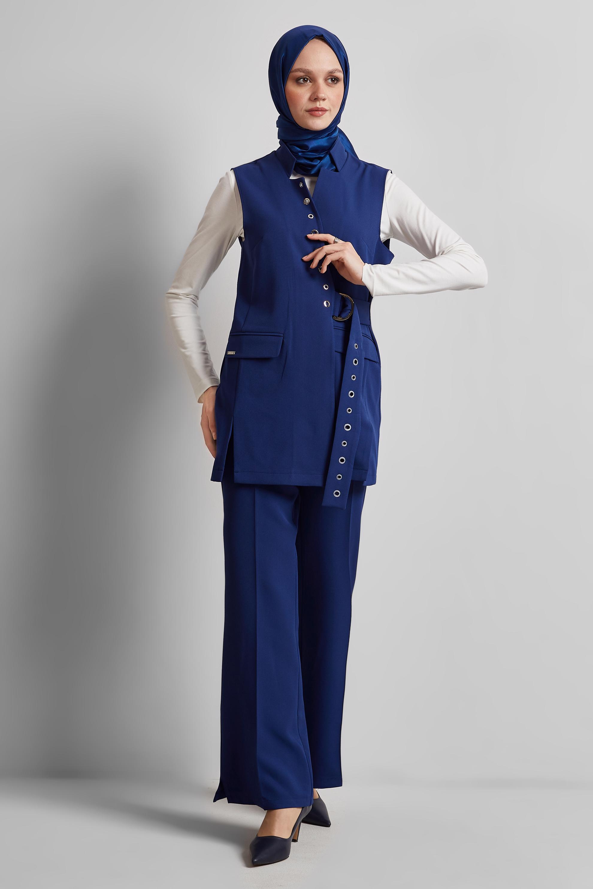 Tesettür giyim LACİVERT KEMERLİ YELEKLİ PANTOLONLU TAKIM 45383