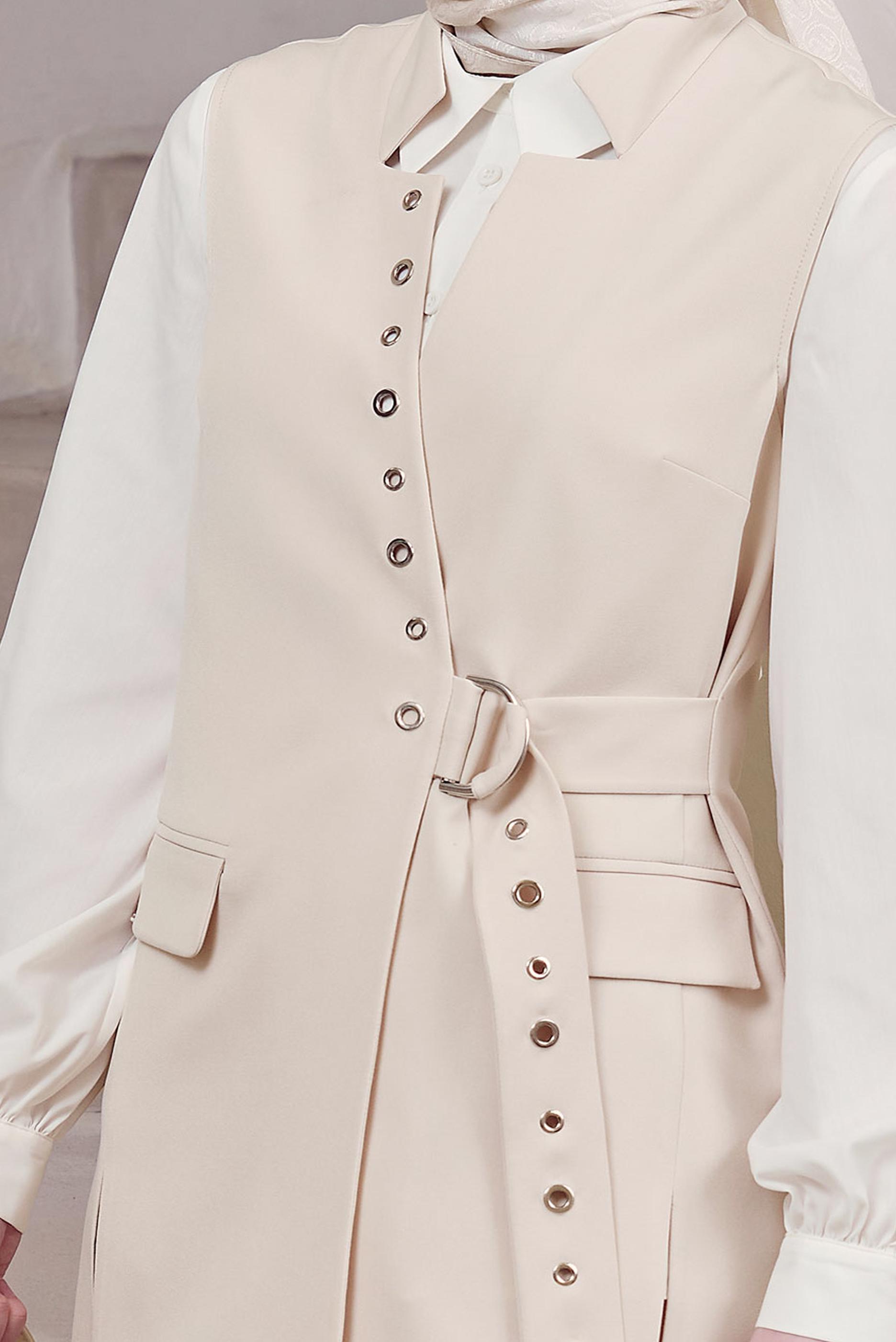 Tesettür giyim EKRU KEMERLİ YELEKLİ PANTOLONLU TAKIM 45383