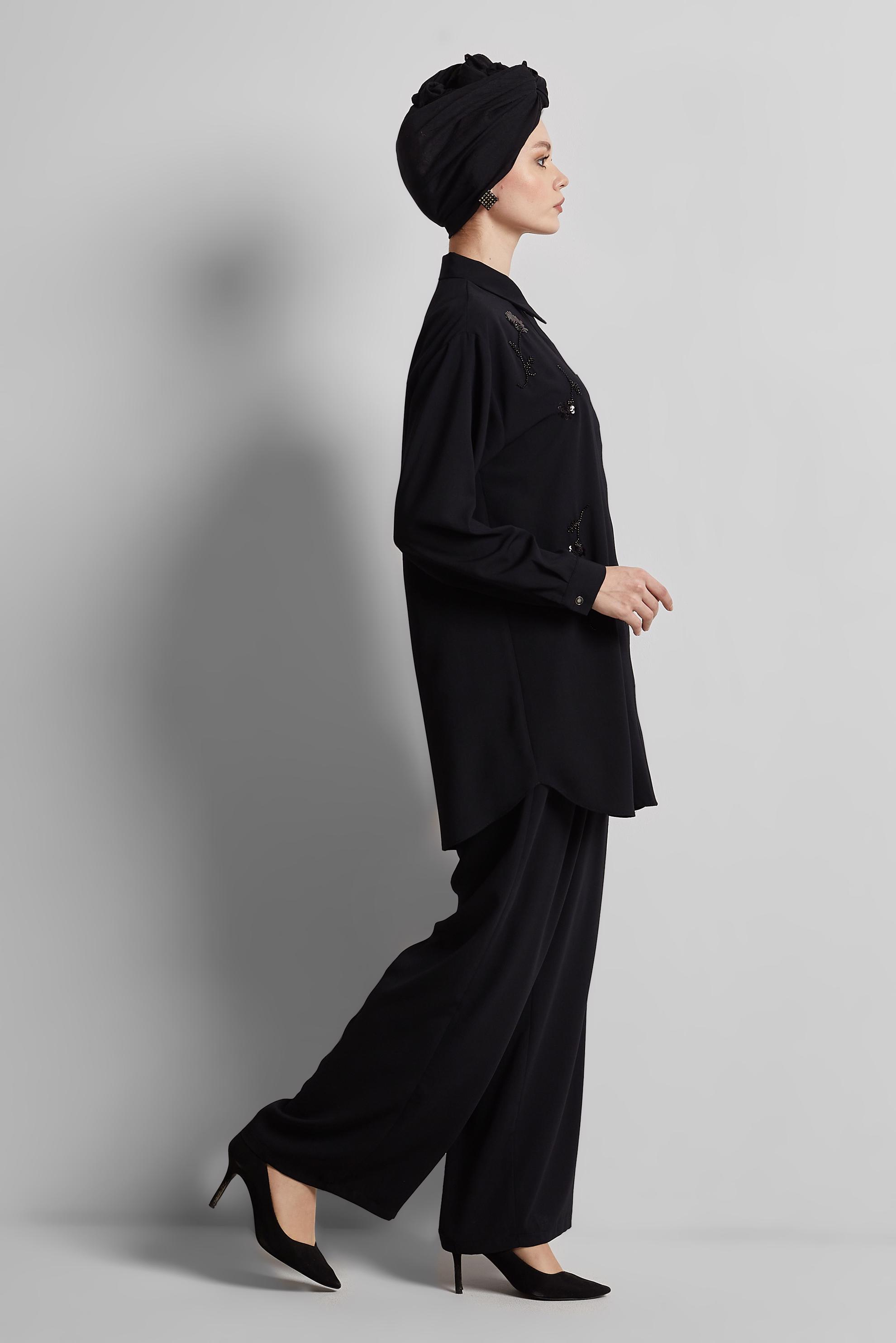 Tesettür giyim SİYAH GÖMLEK YAKA PANTOLONLU TAKIM 45418