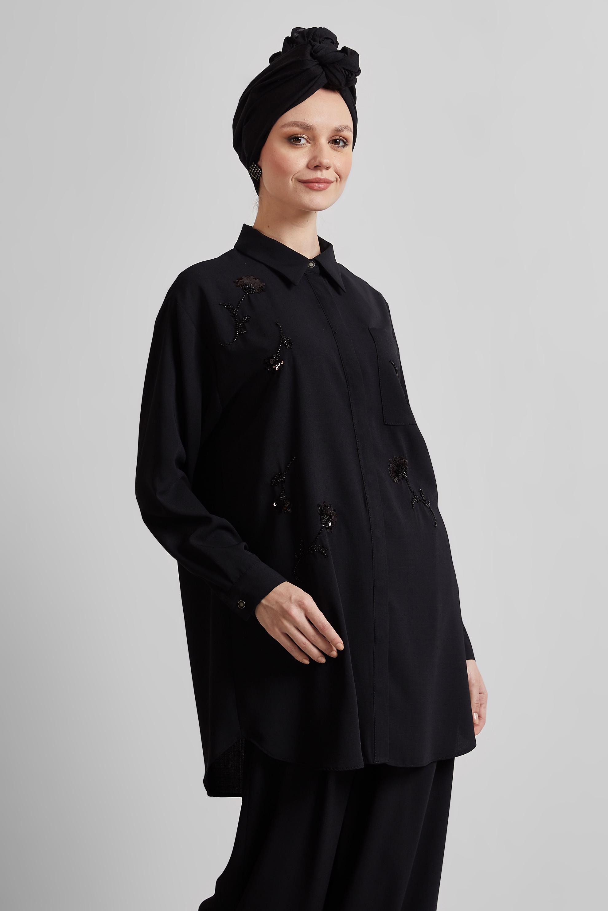 Tesettür giyim SİYAH GÖMLEK YAKA PANTOLONLU TAKIM 45418