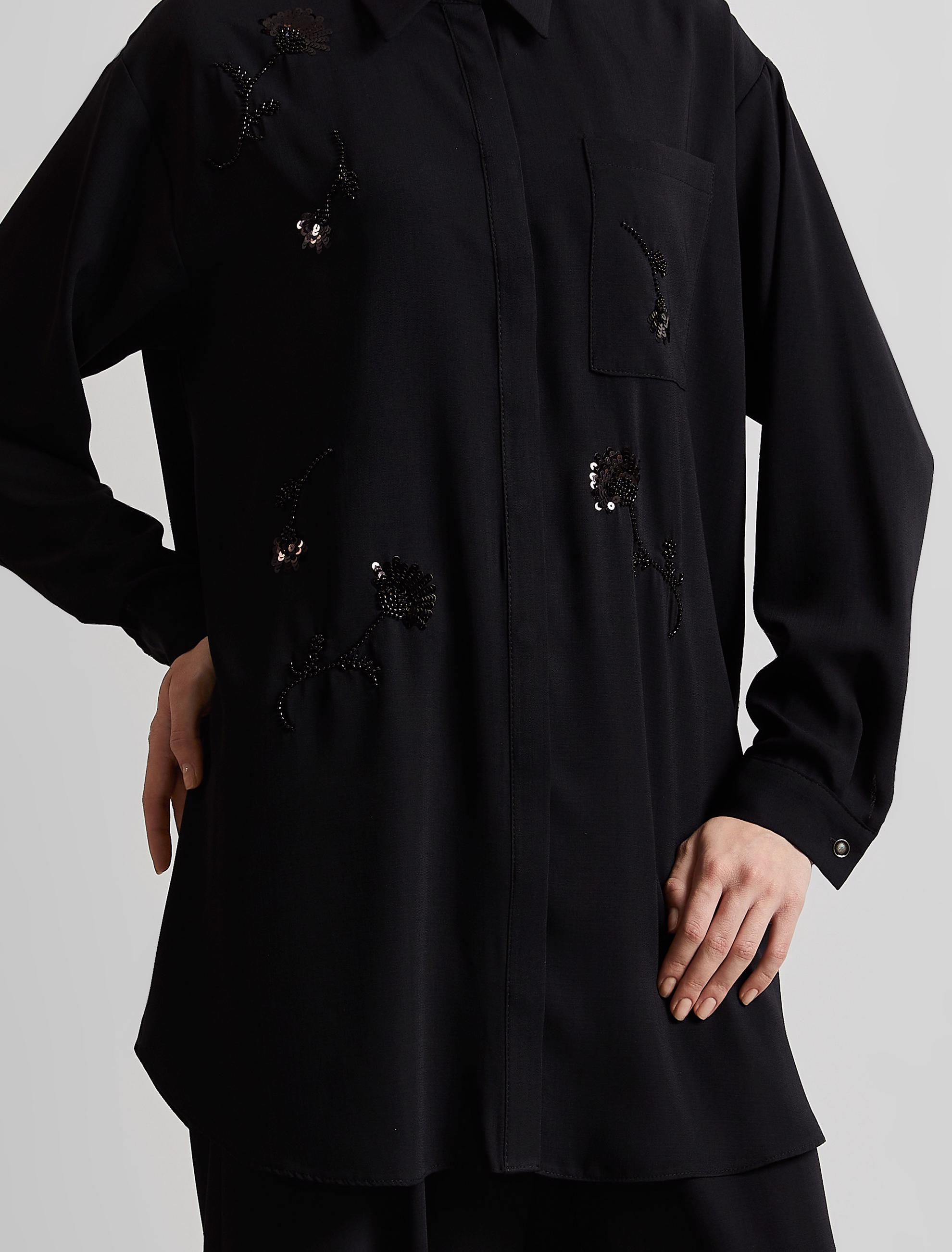 Tesettür giyim SİYAH GÖMLEK YAKA PANTOLONLU TAKIM 45418