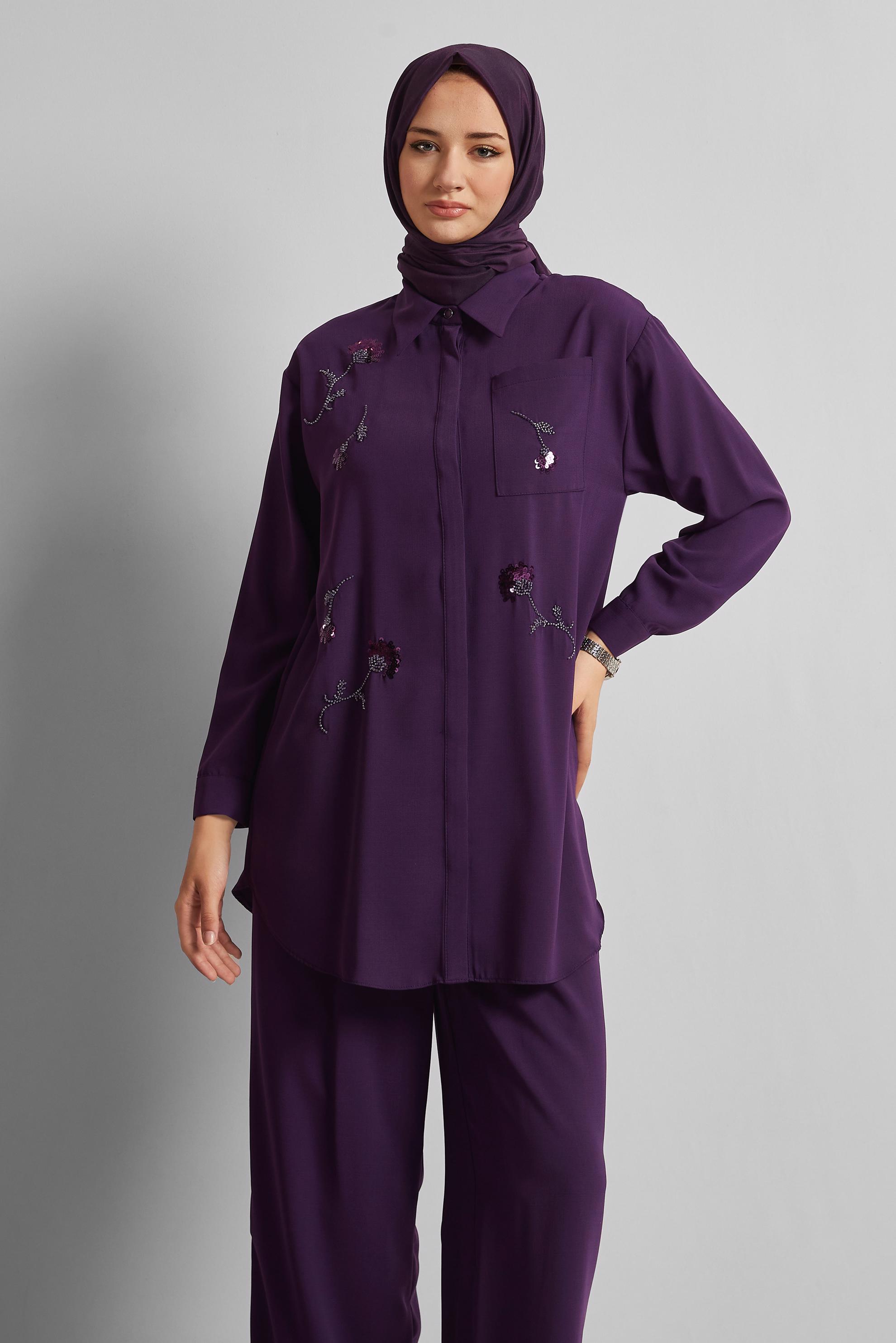Vêtements hijab POURPRE COSTUME PANTALON COL CHEMISE 45418