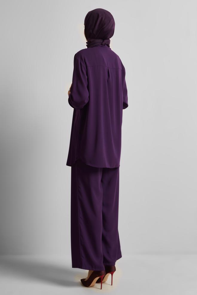 Tesettür giyim MOR GÖMLEK YAKA PANTOLONLU TAKIM 45418 - ALVİNA