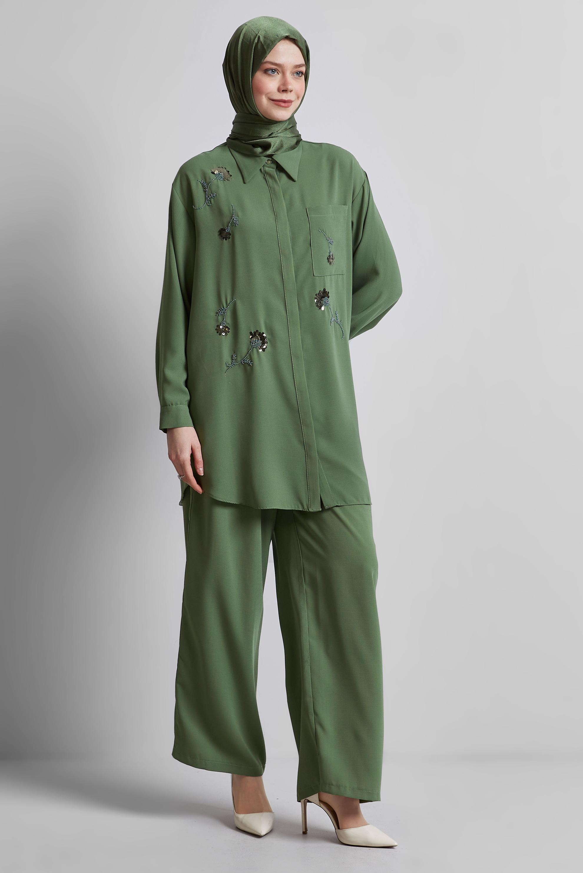 Tesettür giyim HAKİ GÖMLEK YAKA PANTOLONLU TAKIM 45418