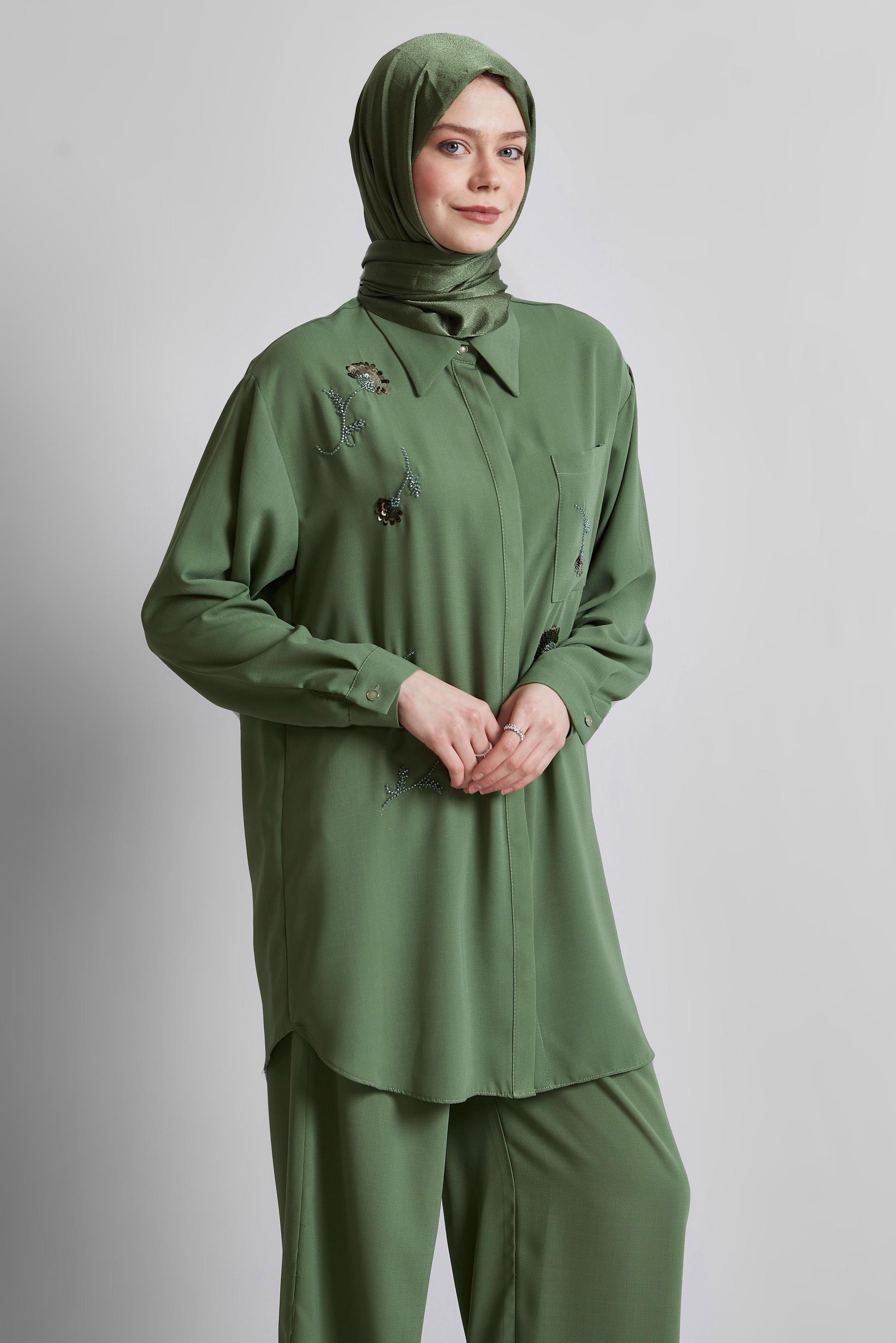 Tesettür giyim HAKİ GÖMLEK YAKA PANTOLONLU TAKIM 45418